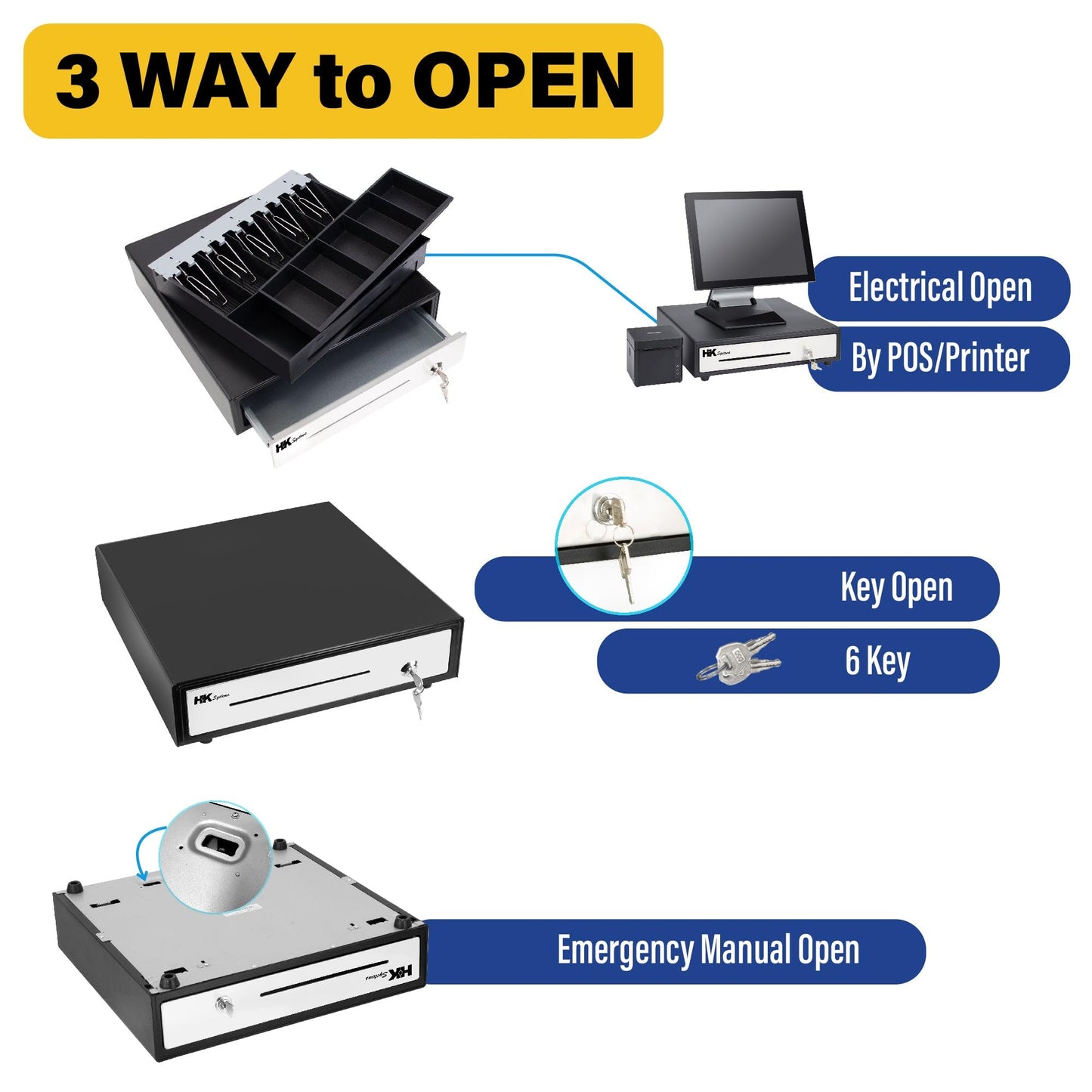 HK SYSTEMS 16inch "Stainless Steel" Front Heavy Duty POS "USB" Interface Cash Drawer with 5Bill/5Coin (BLACK) "NO compatibility with Square POS system for now"