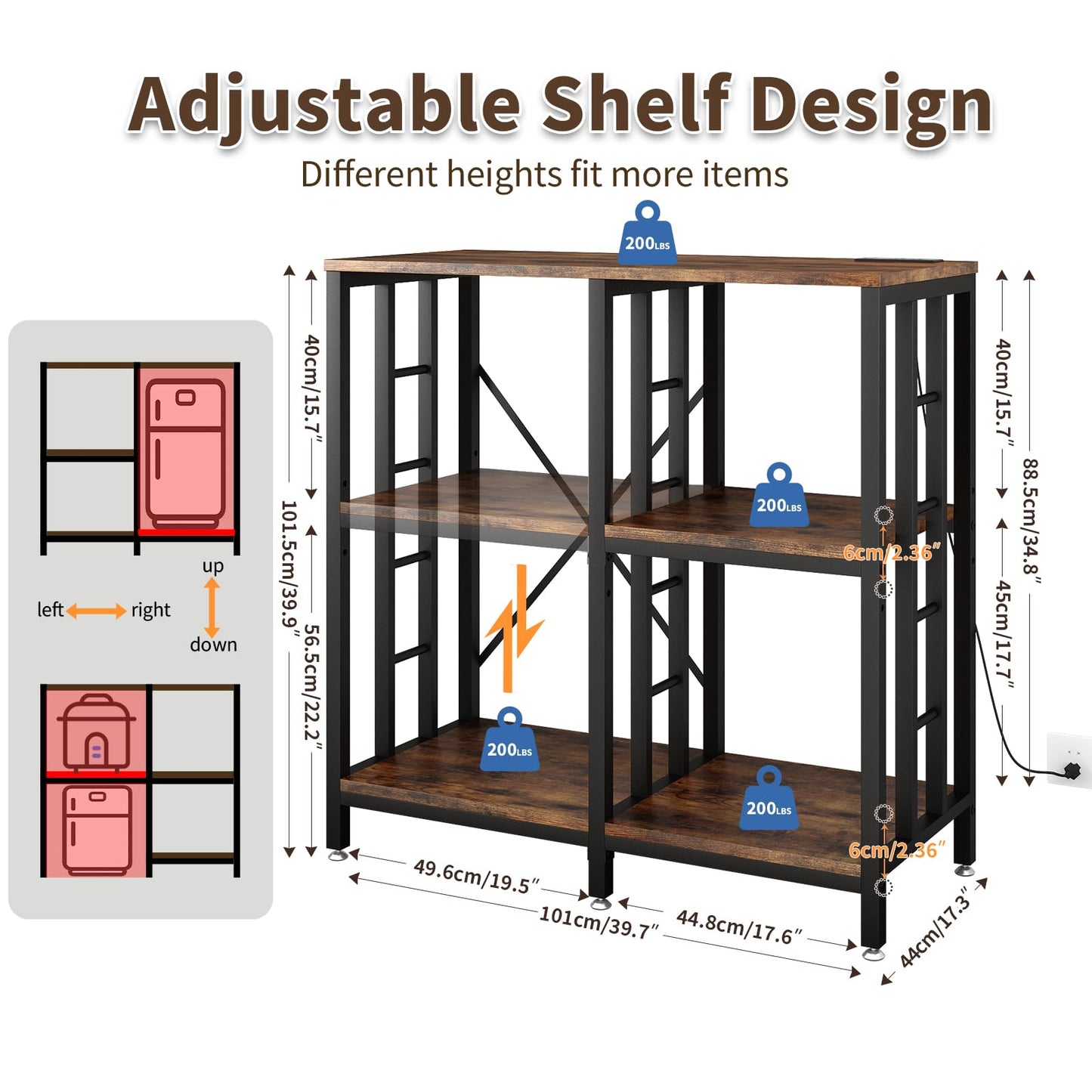 METYERRY Adjustable Kitchen Bakers Rack with Power Outlet,4-Tier Microwave Stand Kitchen Cart,Mini Fridge Stand with Storage,Bar Cabinet,Suitable for Office,Coffee Bar,Living Room,Patio,Rustic Brown