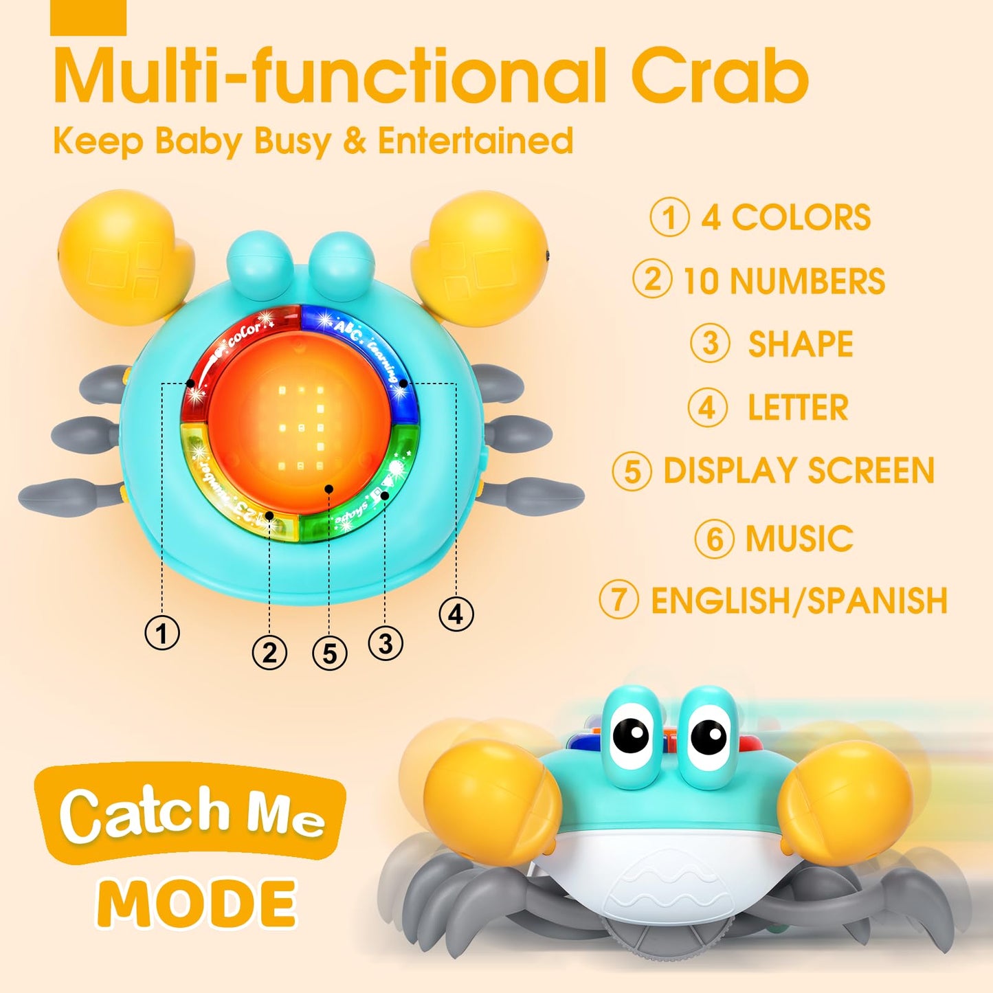 Musical Crawling Crab Baby Toy - Tummy Time Toys for 6-12 Months Boy Girl, Light-up Walking Crab Toys for 1 Year Old Baby Educational Learning, Crawly Crab Gift for 12-18 Months