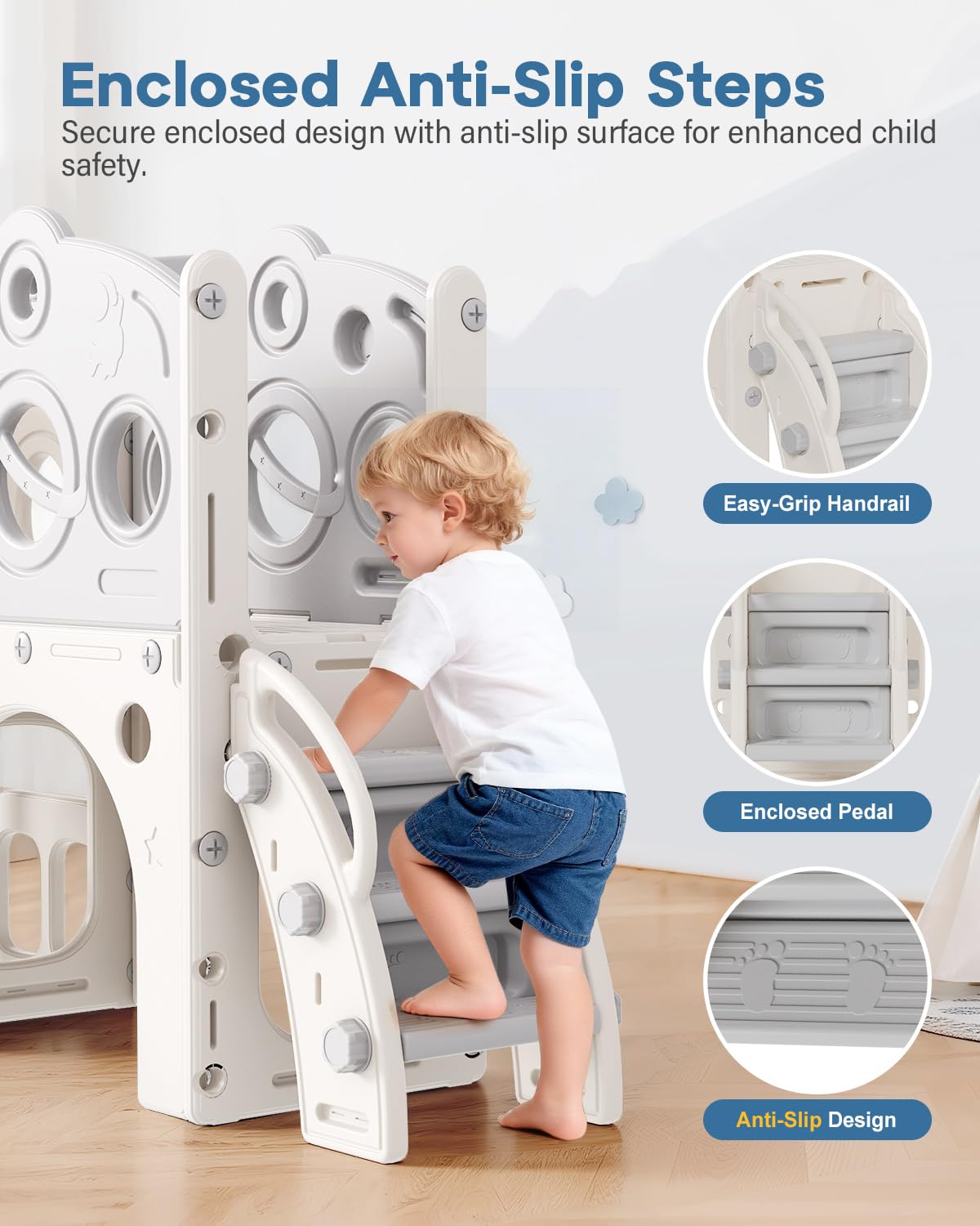 Babytronic Toddler Slide Set, 8 in 1 Kids Slide with Climber, Indoor Outdoor Slide for Toddlers Age 1-3, Toddler Playset with Basketball Hoop and Tunnel, Toddler Indoor Outdoor Playground (White&Gray)