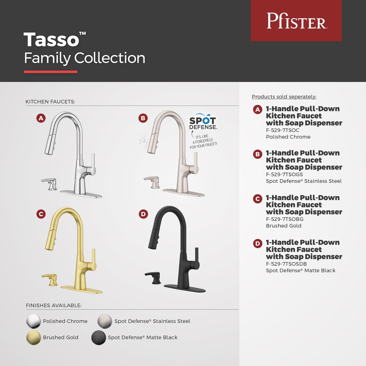 Pfister Tasso Kitchen Faucet with Pull Down Sprayer and Soap Dispenser, Single Handle, High Arc, NSF Certified, Polished Chrome Finish, F5297TSOC