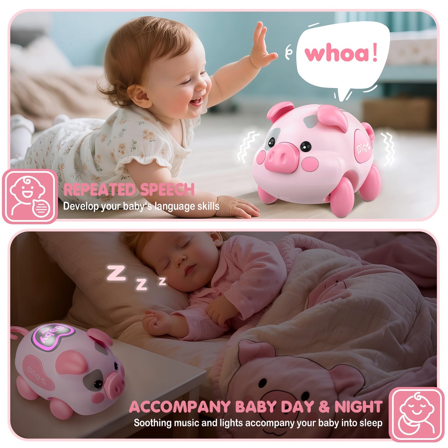 Baby Musical Toys for 6-12-18 Months, Musical Piggy Toys for Toddler 1 Year Old Baby Girl, Infant Crawling Light up Music Toys for Tummy Time Development, 1st Birthday Gift for Boy 7 8 9 10+ Month