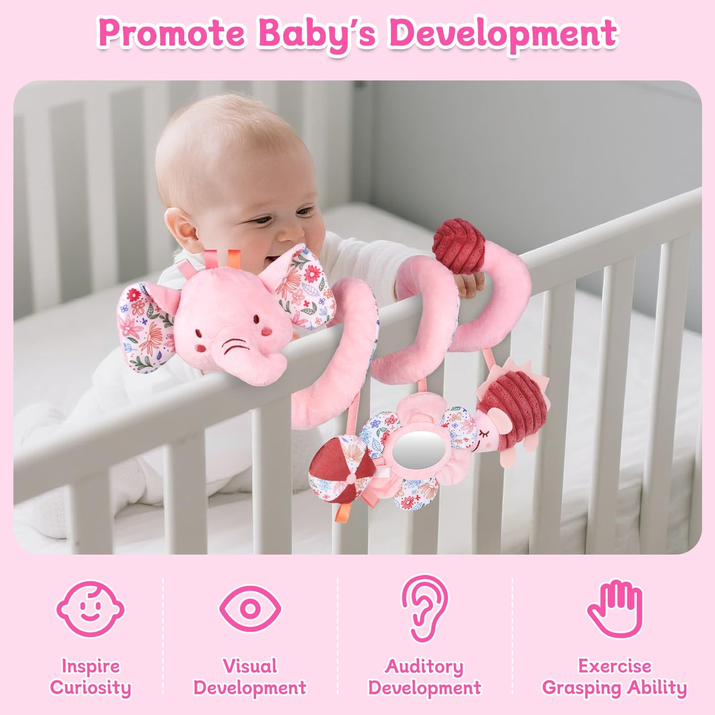 Hanging Car Seat Toys, Spiral Crib & Stroller Activity Toys with Rattles for Babies 0-6 Months, Baby Car Seat Accessories Toy for Developing Sensory & Motor Skills, Ideal Gift for Newborn Infant