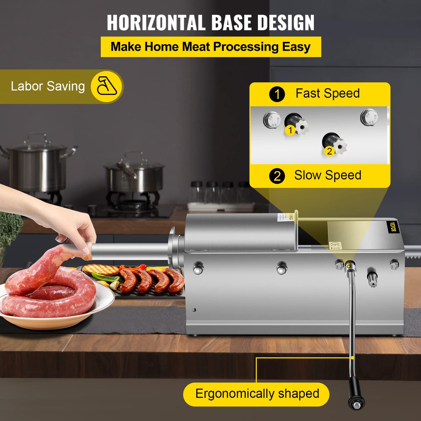 Happybuy Horizontal Sausage Stuffer 3L/ 7Lbs Manual Sausage Maker With 5 Filling Nozzles Sausage Stuffing Machine For Home & Commercial Use Stainless Steel