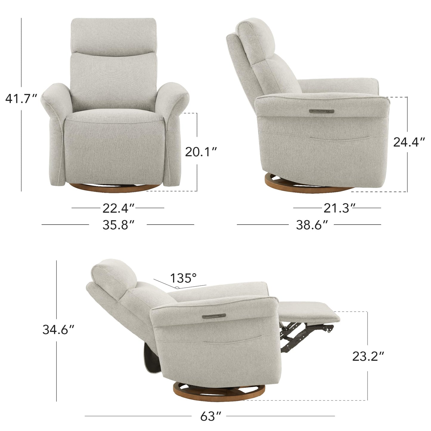 CHITA Power Recliner Chair, Electric Triple-Motor Swivel Glider Nursery Rocking Chair with Adjustable Power Headrest and Lumbar Support, GREENGARD Gold Certified, Solid Wood Base, Crockery Grey