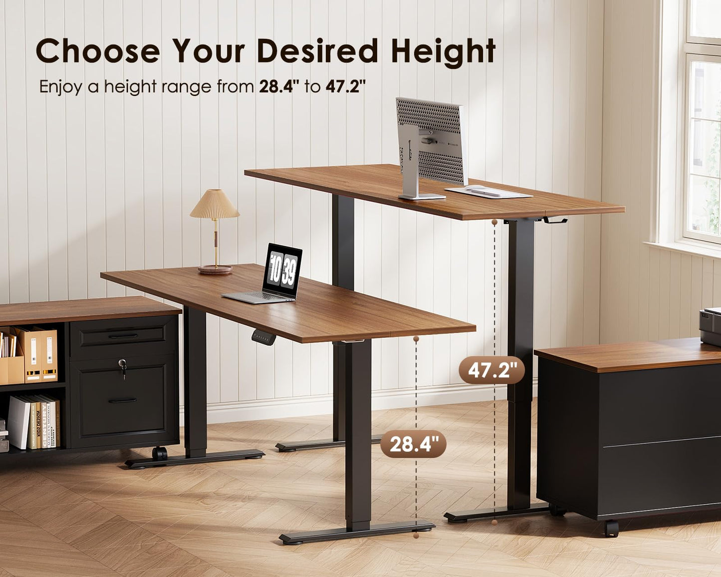 OffiGo 55 Inch L Shaped Electric Standing Desk with Drawers & File Cabinet Sets, Executive Sit Stand Desk, Height Adjustable Computer Desk for Home Office, Writing, Workstation, Walnut+Black
