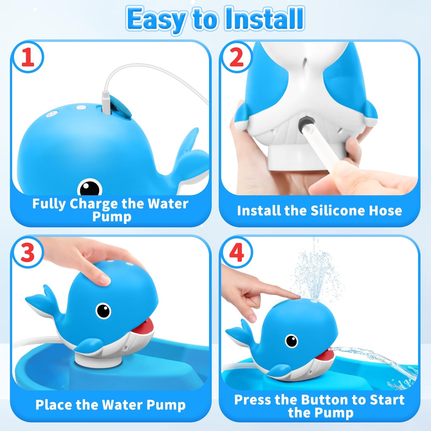 Infowush Water Table Pump, Whale Rechargeable Water Pump for Water Table with Sprinkler, 3.5 Hours Non-Stop Fun Summer Outdoor Water Toys Outside Water Play Table Accessories for Kids Toddlers, Blue