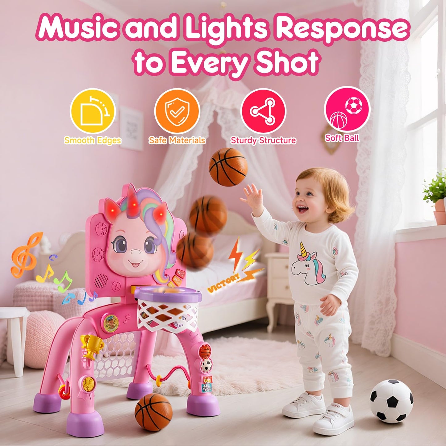 JMMICO Toddler Basketball Hoop & Soccer Goal Activity Center, Interactive Toys with Light Music,Unicorn Toddlers Musical Toys Gift, Baby Birthday Easter Gifts Gift for 1 2 3 Year Old Boys Girls