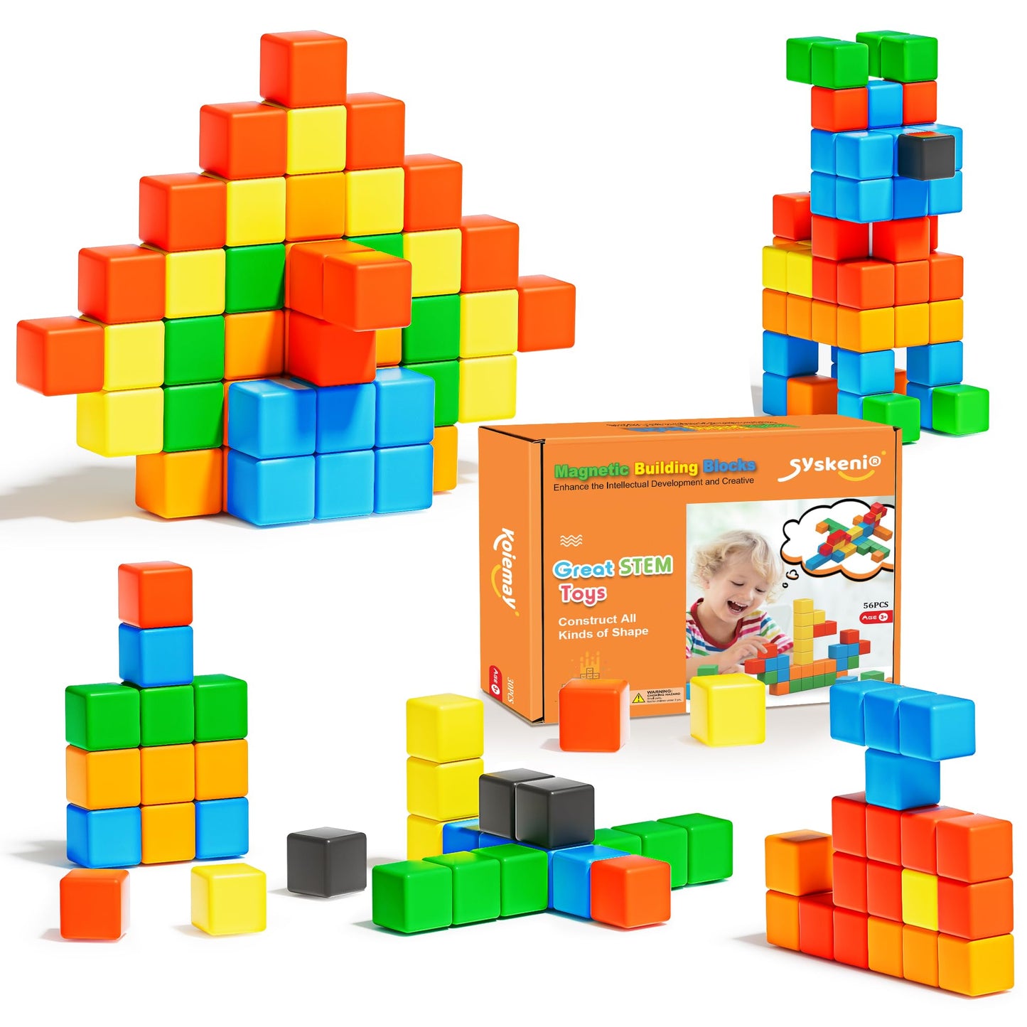 SYSKENI Magnetic Blocks, Gifts for 3 4 5 6 Year Old, Magnet Building Blocks for Toddlers, Girls & Boys, Montessori - Autism - Sensory Magnetic Toys for Kids Ages 3-5 4-8, 1.22inch, 56PCS