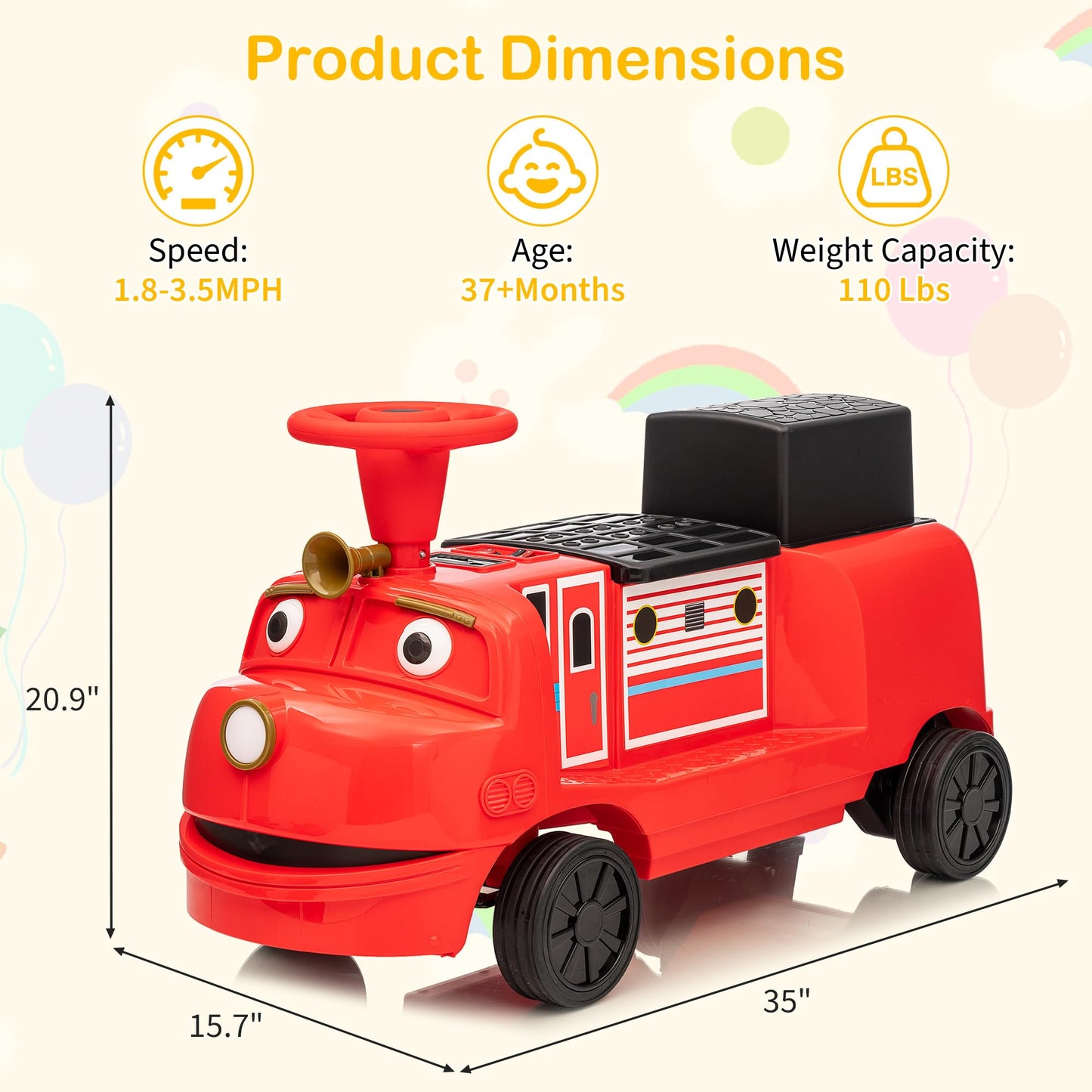 GarveeLife 2 Seater Ride On Train Trackless, 12V Kids Ride On Toy with Height Adjustable Seat, Storage Space, Music, 2 Speeds, Electric Car for Toddlers 3+ Carriage Not Included-Red