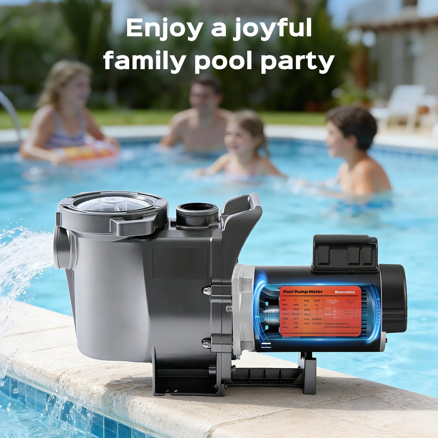 Bonvoisin 1.5HP Pool Pump Motor 56Y Frame 3450 RPM CCW Rotation Square Flange Replacement Motor with 80μF/300V Capacitor for Above Ground and Underground Swimming Pools 115V/230V
