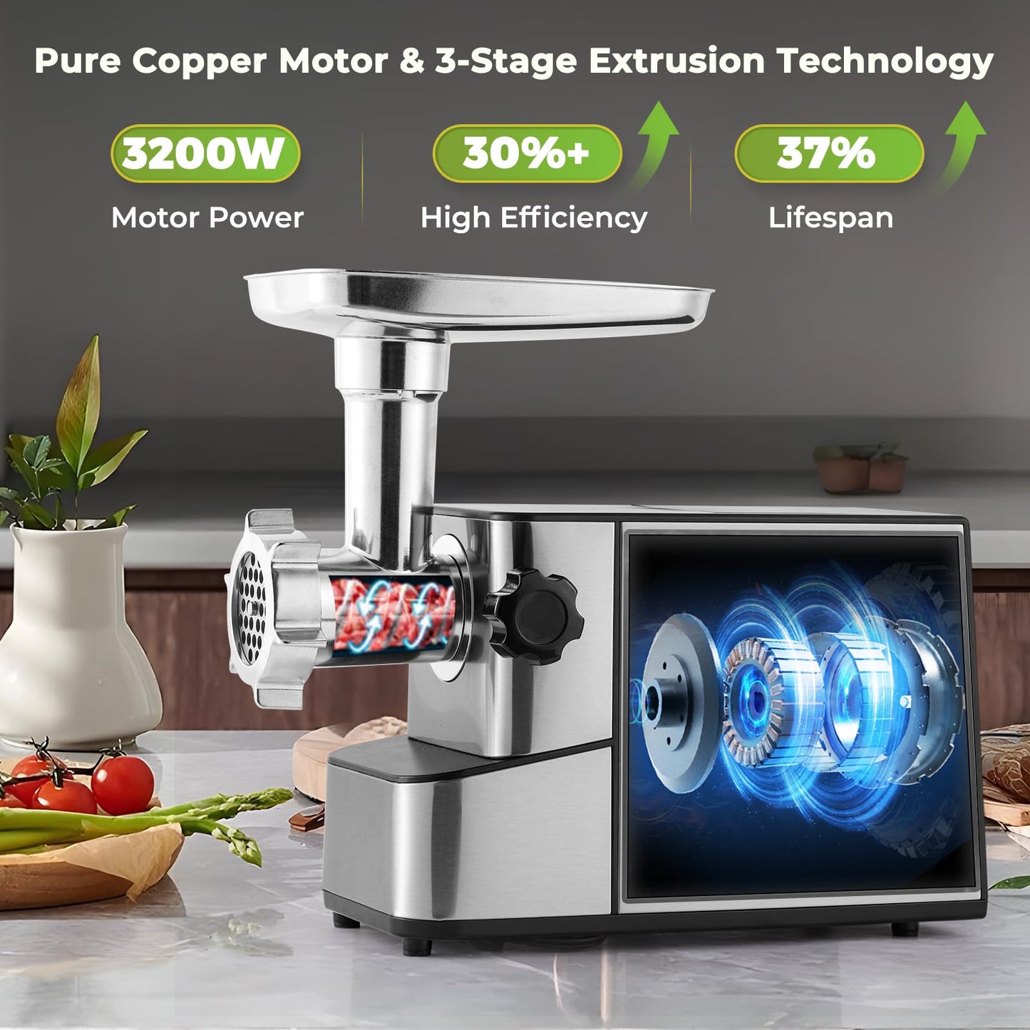 Flyseago Meat Grinder Electric 3200w High Capacity Storage Commercial Heavy Duty Meat Grinder, Veggie Slicer, Ice Cutter, Cheese Grater, Sausage Stuffers, Kubbe Kit for Home Use & Commercial