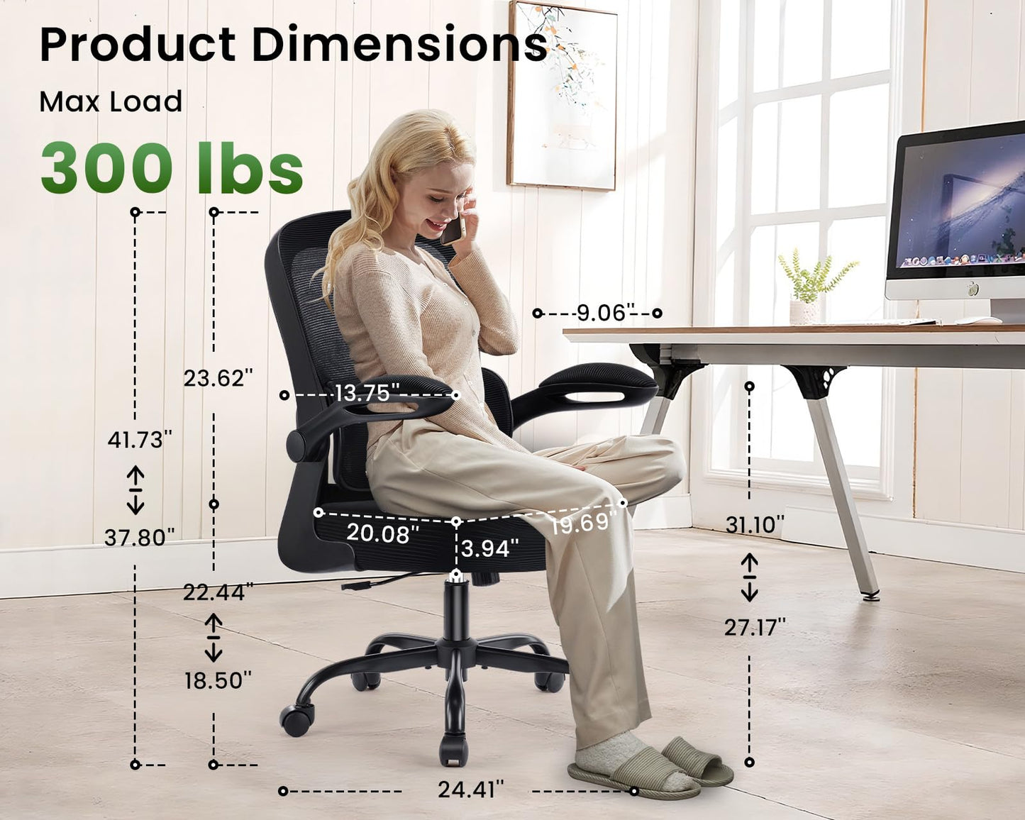 AreShark Ergonomic Office Chair, Comfy Desk Chair with Adjustable Lumbar Support, Mesh Computer Chair with Wheels, Flip-up Armrests, Swivel Rolling Executive Chair for Home Office, Gaming, Black