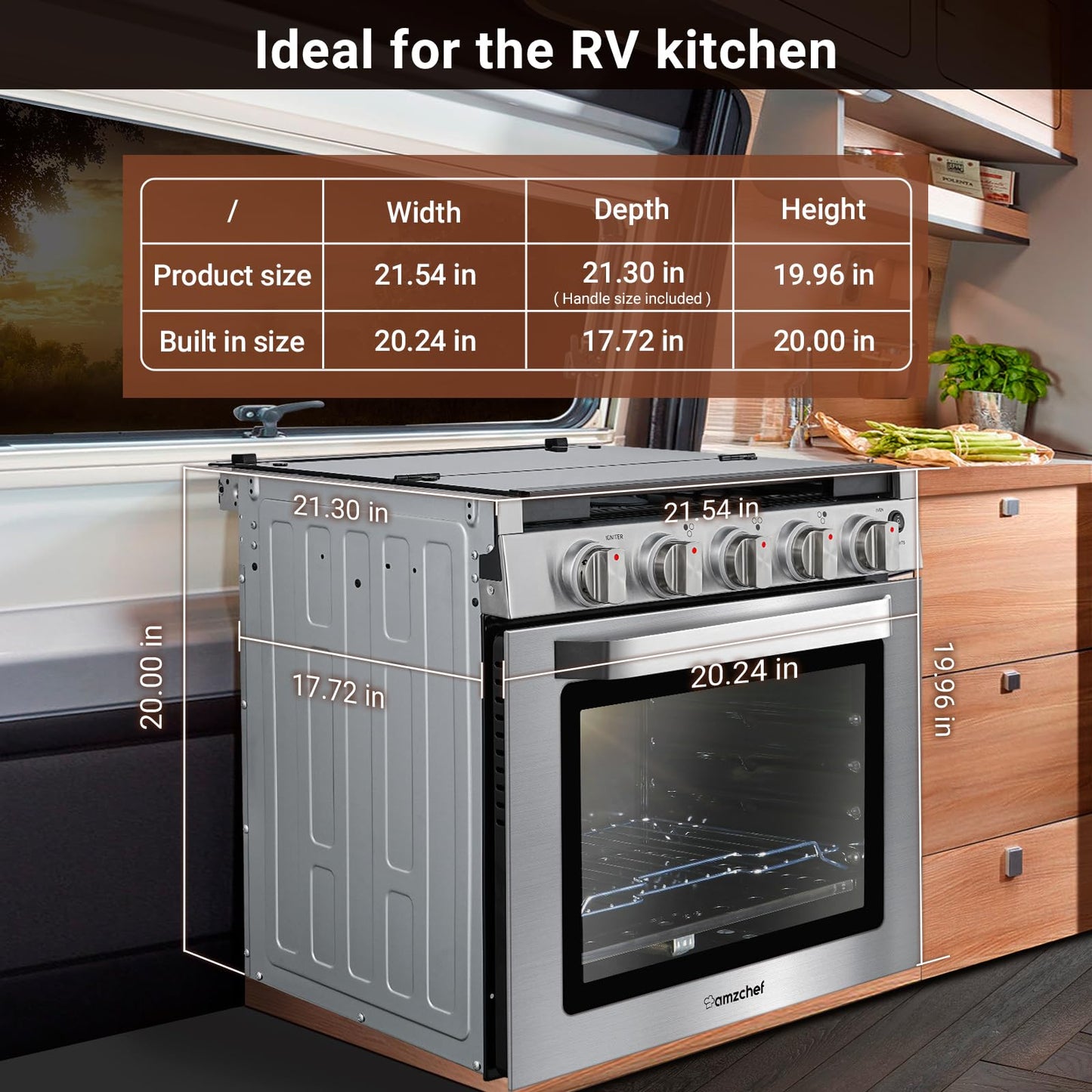AMZCHEF RV Gas Range Stove 12V. Range Oven for RV Use with 3 Burners,Gas Oven, 28,100BTU, Open Flame Configuration, Knob work indicator, Heavy Duty Cast Iron Grates (Large 21 inch)