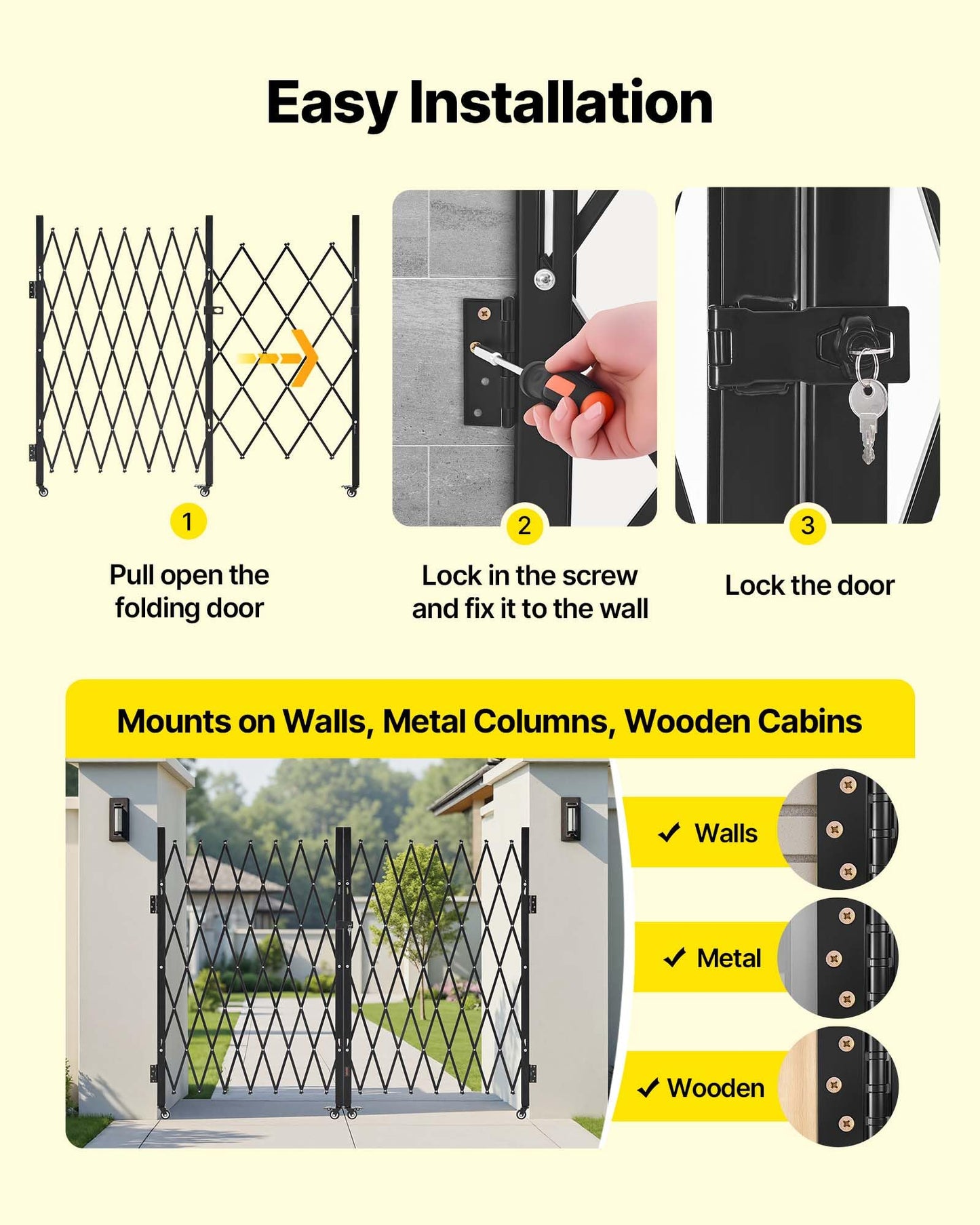 VEVOR Double Folding Security Gate, Lockable Scissor Gate with 360° Swivel Casters, Outdoor Barricade Steel Retractable Gates, for Entry Security, Garage, Warehouse & Pool, 129.92 x 63.19 in (W x H)