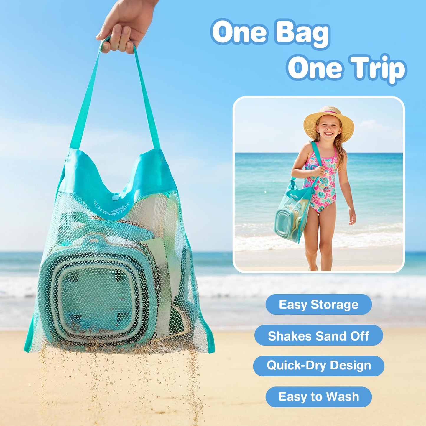 Dreamon Beach Toys, 3 Pack Collapsible Sand Buckets for Kids, Shovels & Rakes Set with Mesh Bag, Kids Beach Essentials Sandcastle Building Kit for Beach Trip Outdoor Play and Summer Fun