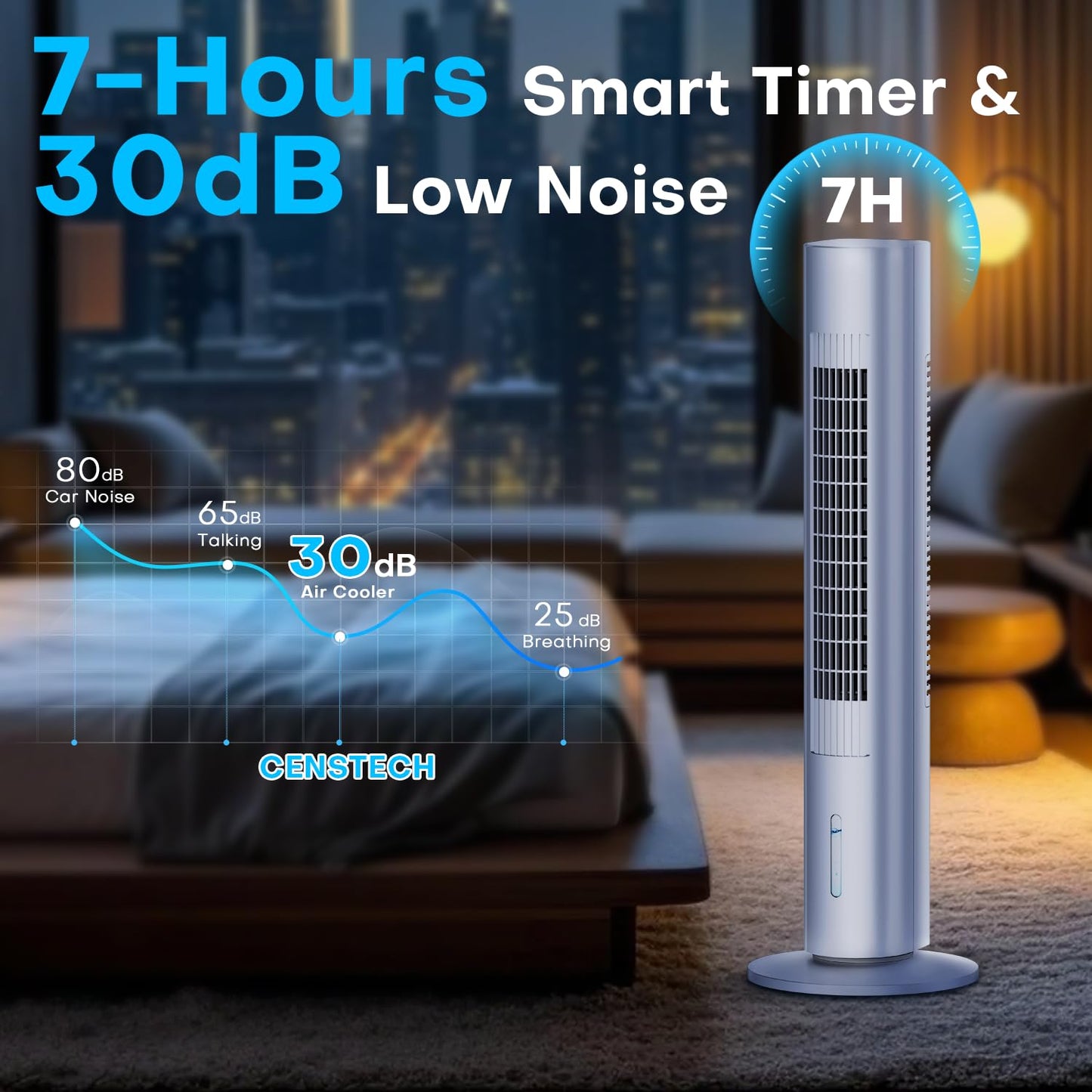 CENSTECH Windowless Portable Air Conditioners, 35" Swamp Cooler w/4 Ice Packs, 3 Speeds, 25ft Remote &7H Timer, 90°Oscillating Evaporative Air Cooler, AC Unit Cooling Fans that Blow Cold Air for Room