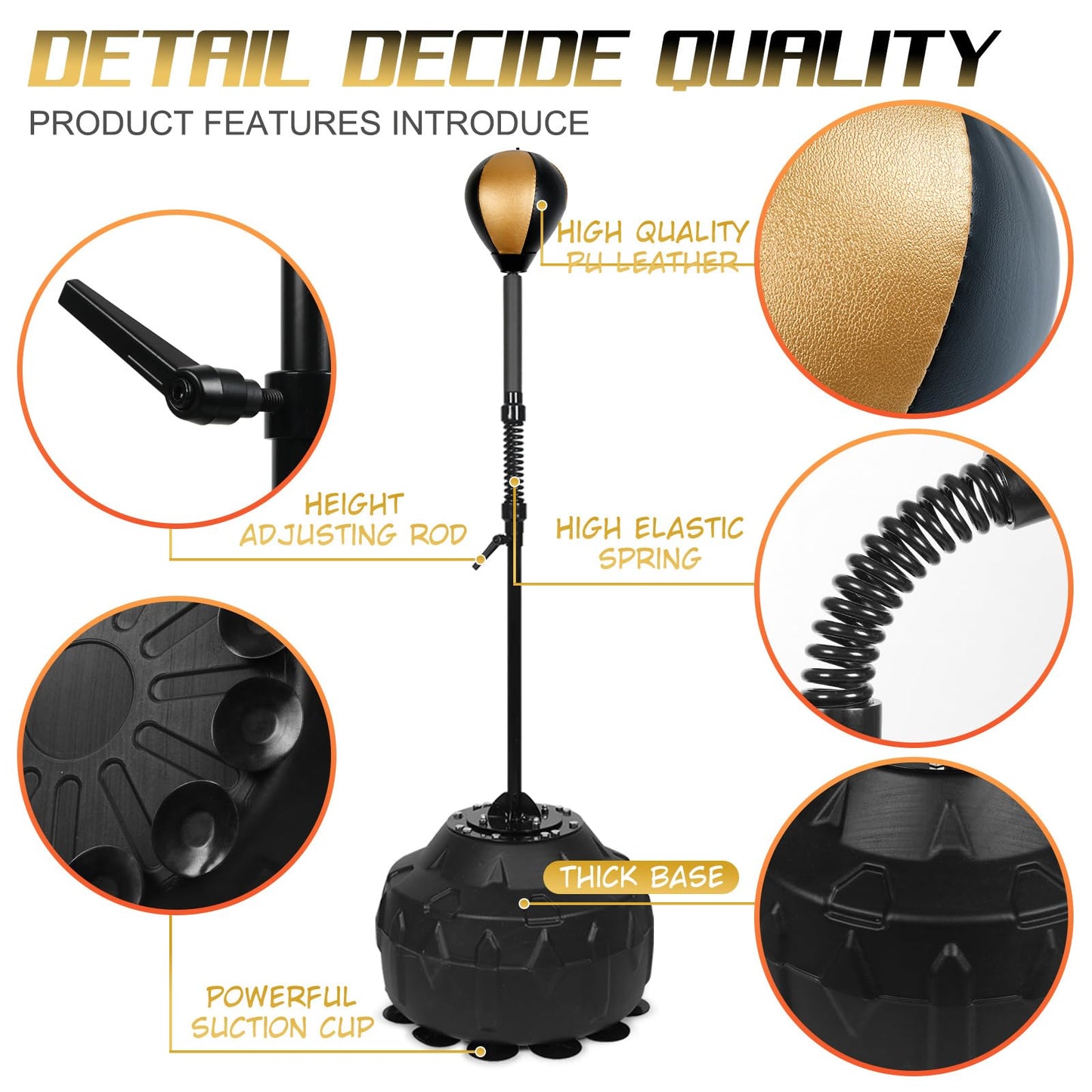 Standing Reflex Speed Bag with Thick Base, Adjustable Height & Reinforced Spring (Golden Black)