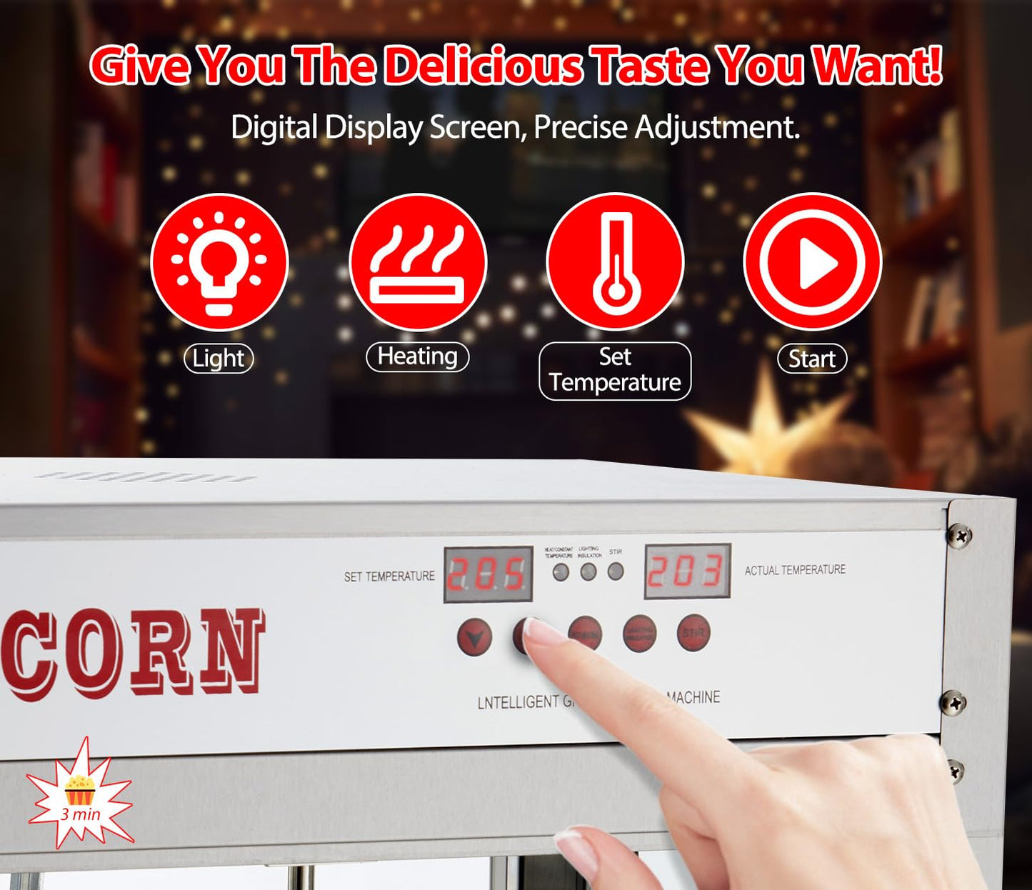 RIEDHOFF 8 OZ Popcorn Machine, [3 Mins Get 40 Cups] [Temperature Control] [Digital Display] Popcorn Maker Machine with 10 Pcs Popcorn Buckets, Old Fashion Movie Theater Style- Sliver