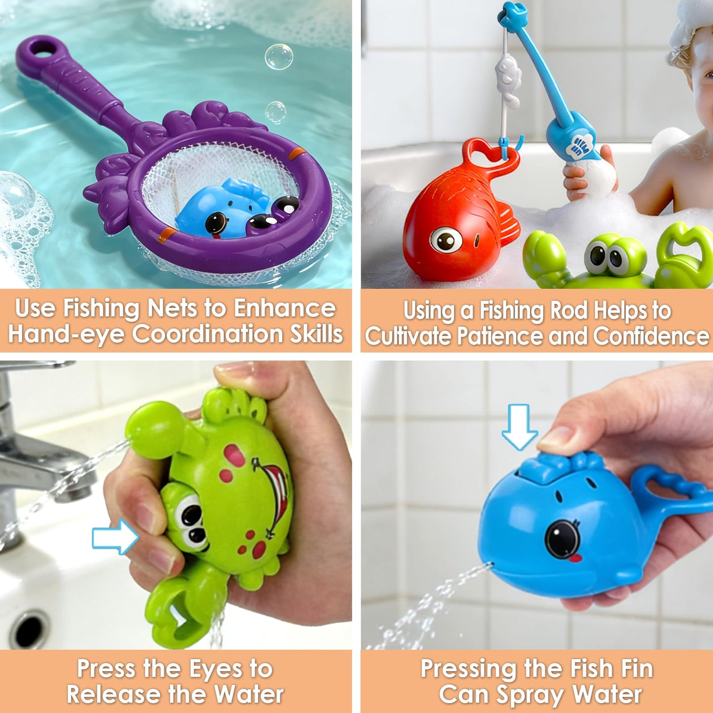 Uermis Baby Bath Toy for Toddlers, Fishing Game Bath Toy with 3 Floating Sea Animals, Fishing Pole & Fishing Net, Fun Bathtub Games for Kids Ages 18 Months+