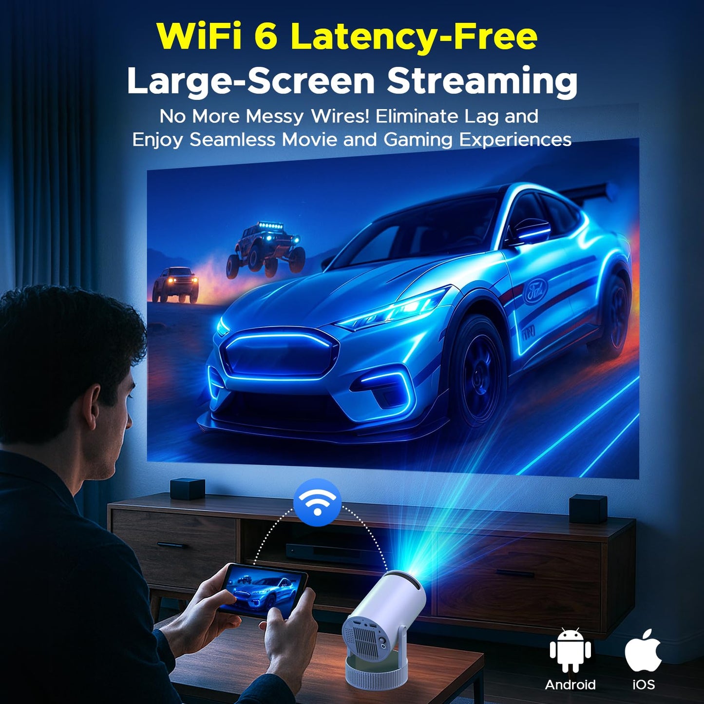Projector with WiFi and Bluetooth, Mini Projector with Battery Supported 4K, Auto Keystone WiFi 6 Bluetooth 5.2 220° Rotation 3.5Hrs Portable Projectors, Smart Projectors for Bedroom Outdoor Movie