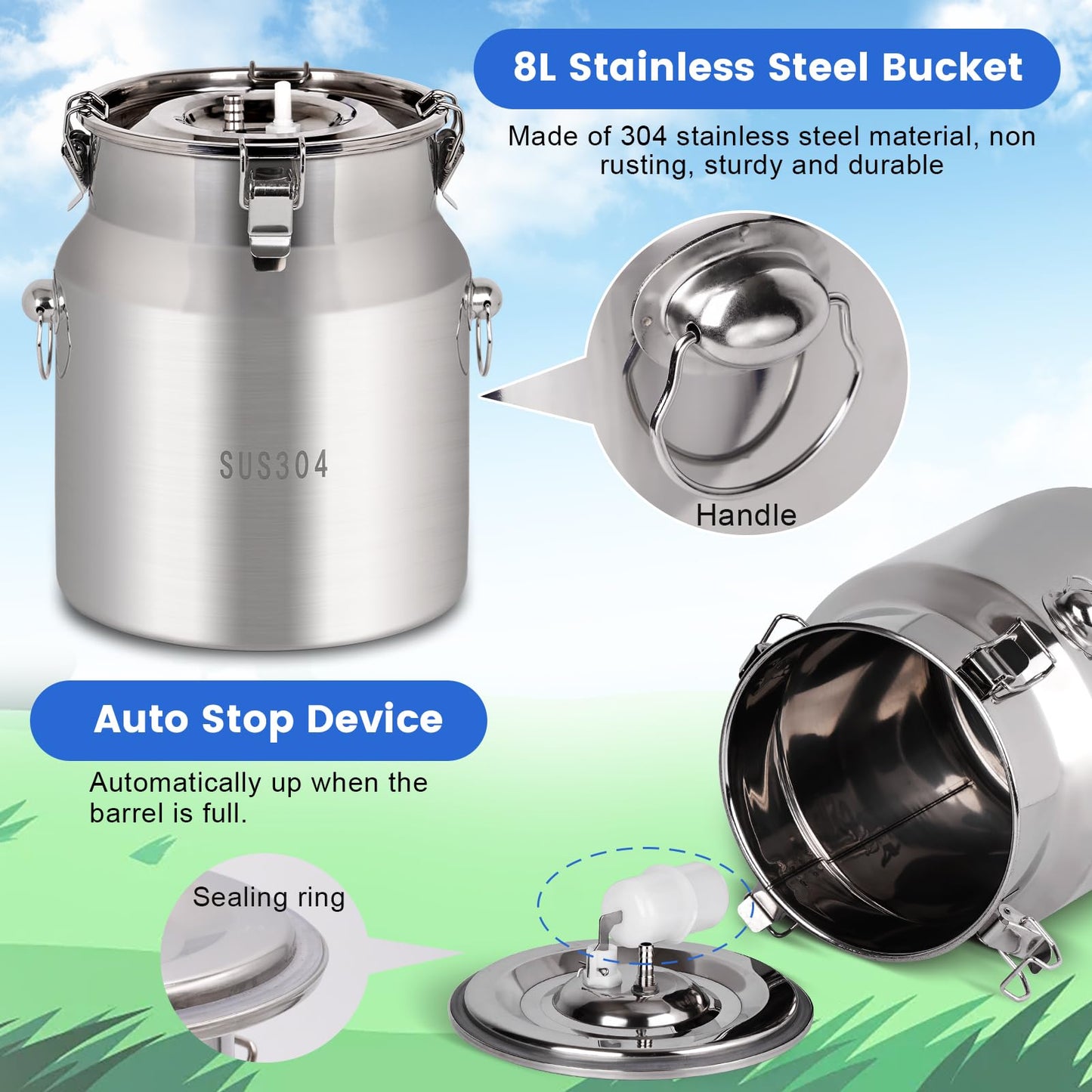KHEARPSL 8L Cow/Goat Two-in-One Rechargeable Electric Milker, Goat Milker Machine, Cow Milking Machine, The Latest Pulsation Vacuum Pump with Pressure Gauge, 304 Stainless Steel Bucket (Rechargeable)
