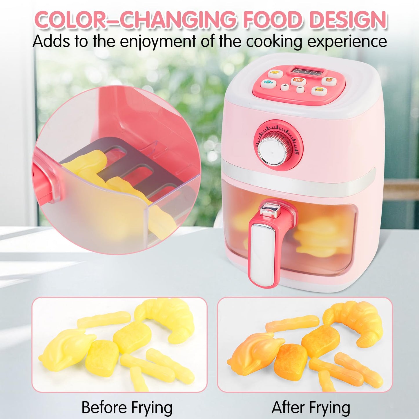 Play Kitchen Accessories, Pretend Kitchen Appliances Set with Toy Air Fryer for Kids with Sound and Lighting, Color-Changing Play Food, Birthday Gift for Boys and Girls Ages 3-5 4-8,Pink