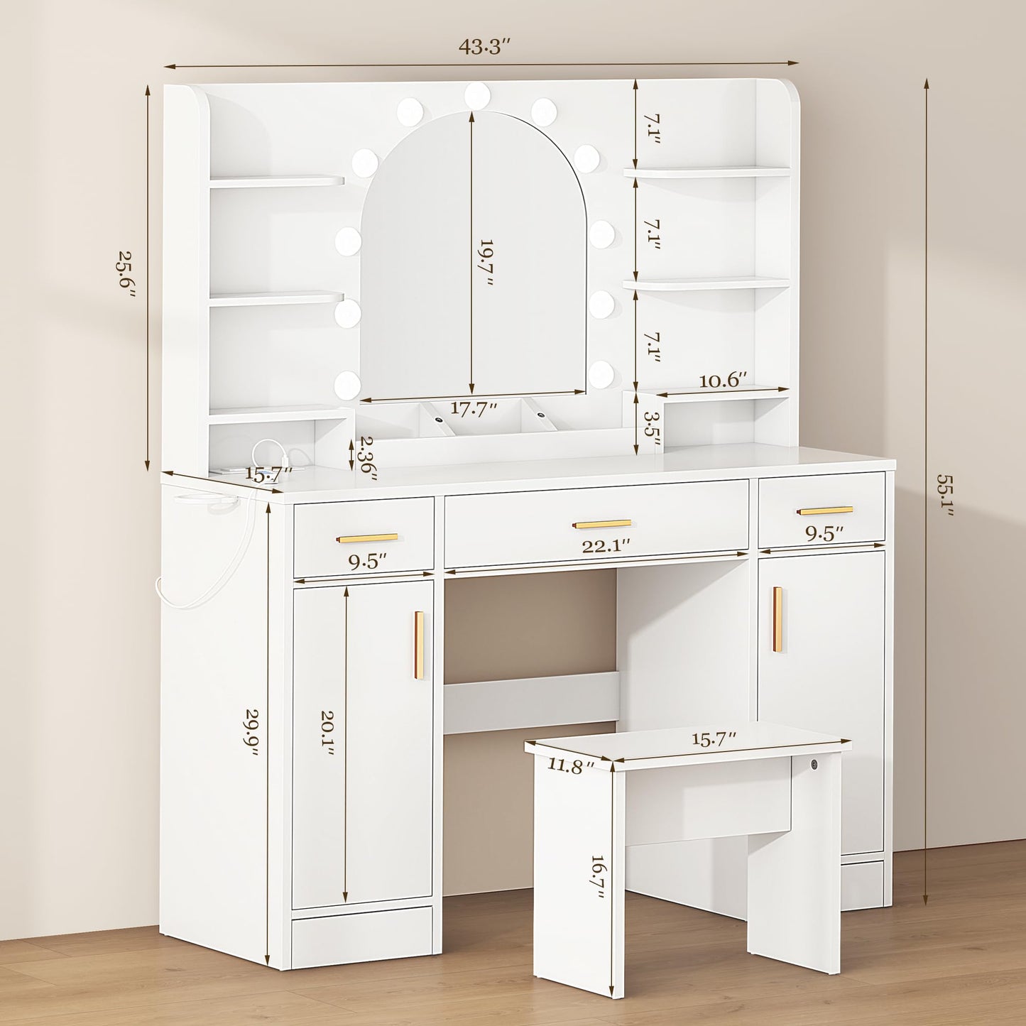 Decofy 43'' White Vanity with 11 LED Lights & Mirrow, Makeup Vanity Table with Power Outlets, Chair & Hair Dryer Holder, Dressing Table with Drawers & Cabinet