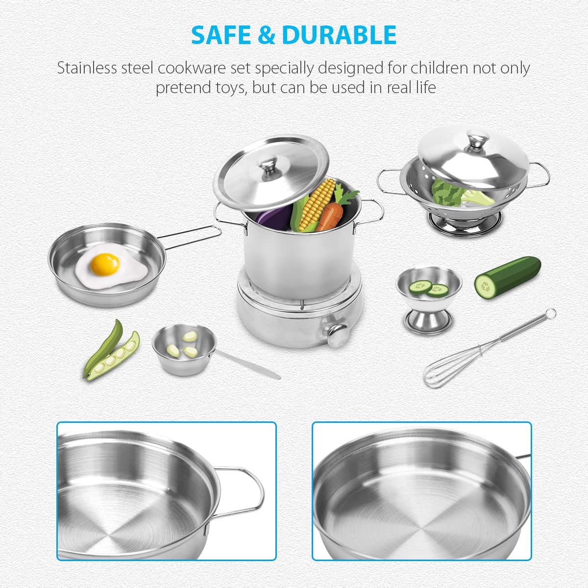 TekkPerry Kids Kitchen Pretend Play Toys, Cooking Toys Play Pots and Pans Set for Kids, 21pcs Small Stainless Steel Kitchen Cookware Kits Toys, Cookware Playset for Girls, Boys