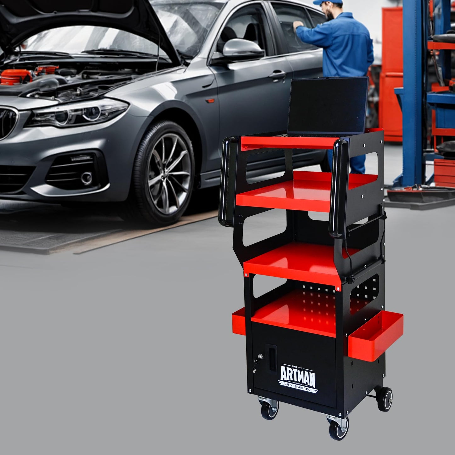 Professional 4-Tier Rolling Tool Cart with Locking Cabinet, Heavy-Duty Steel Detailing Cart for Mechanics, Mobile Garage & Workshop Storage
