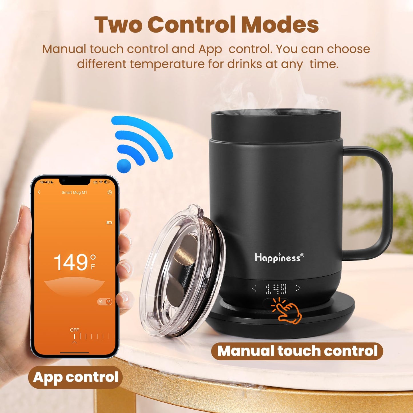 Happiness Smart Heated Coffee Mug,16oz Rechargeable Electric Self Heating Temperature Control Coffee Cup,Gifts for Mom Dad Grandma Wife