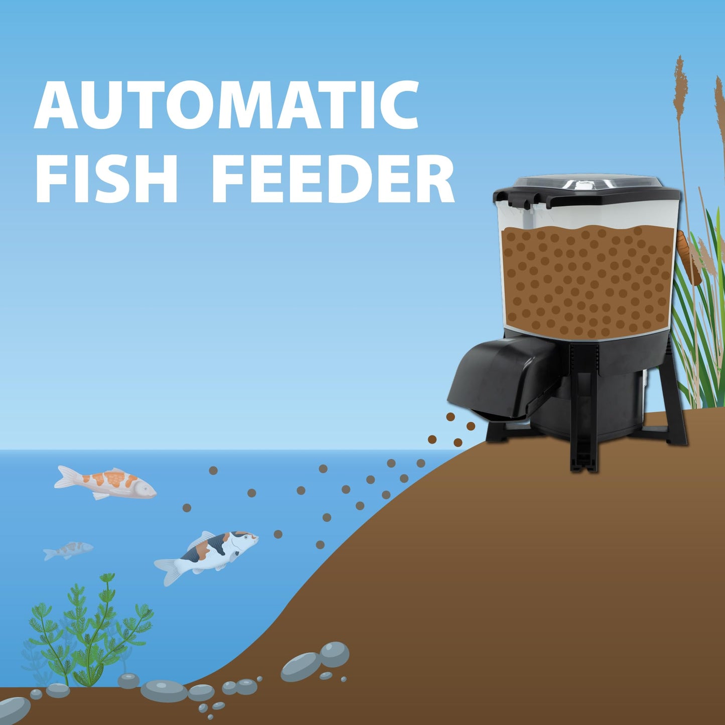 The Pond Guy KoiGrower Automatic Pond Fish Food Dispenser, Solar, Battery & AC Electric Power, Auto Timed Koi Pellet Feeder, 5 Gallon Feed Container