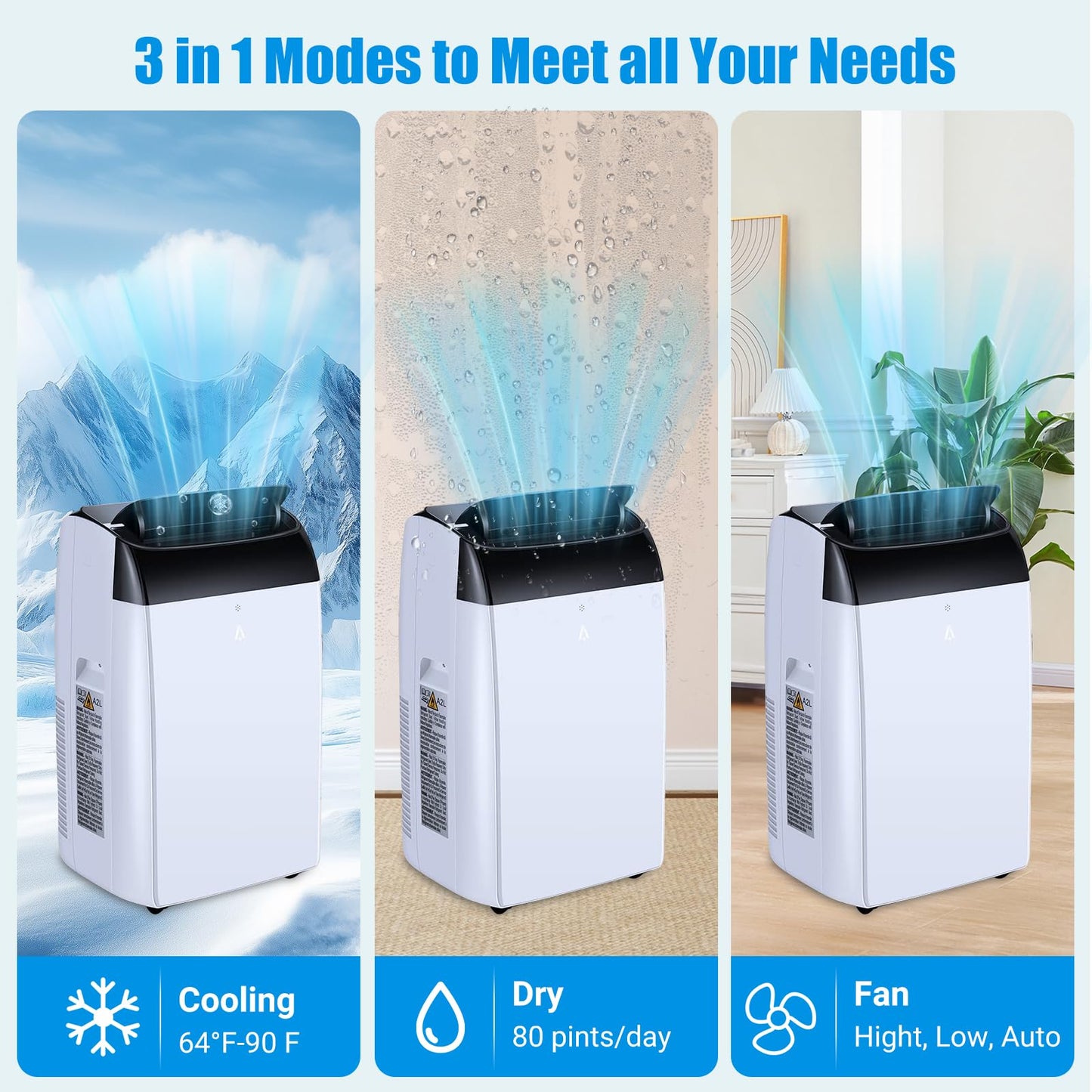 Hipicute 14000 BTU Portable Air Conditioners with Remote Control, 3-in-1 Free Standing Cooling AC Unit with Fan & Dehumidifier, Cools Room up 750 Sq. Ft, 24H Timer, Window Mount Exhaust Kit