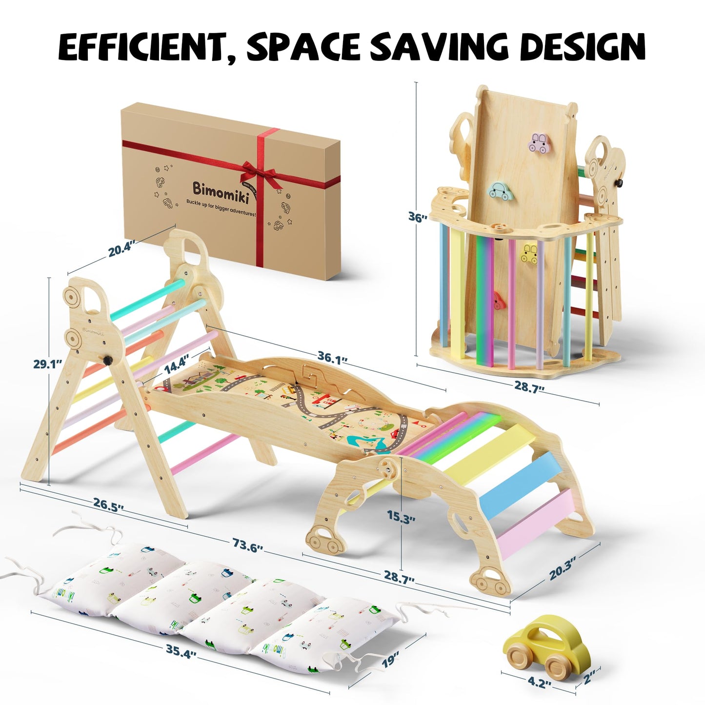 Bimomiki Pikler Triangle Climbing Set with Cushion, Foldable Climbing Toys Indoor, Montessori Toddler Gym, 10-in-1 Climber & Playground, Gift for Christmas, Birthday, New Year (Rainbow Valley)