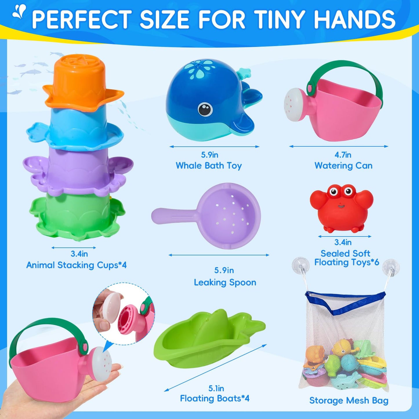 Baby Bath Toys for Kids Ages 1-3, 17PCS Mold-Free Toddler Bath Toys, Colorful Bath Boats & Stacking Cups &Whale Bath Toy, No Hole Floating Tub Toy and Storage Bag, Baby Pool Water Table Toys