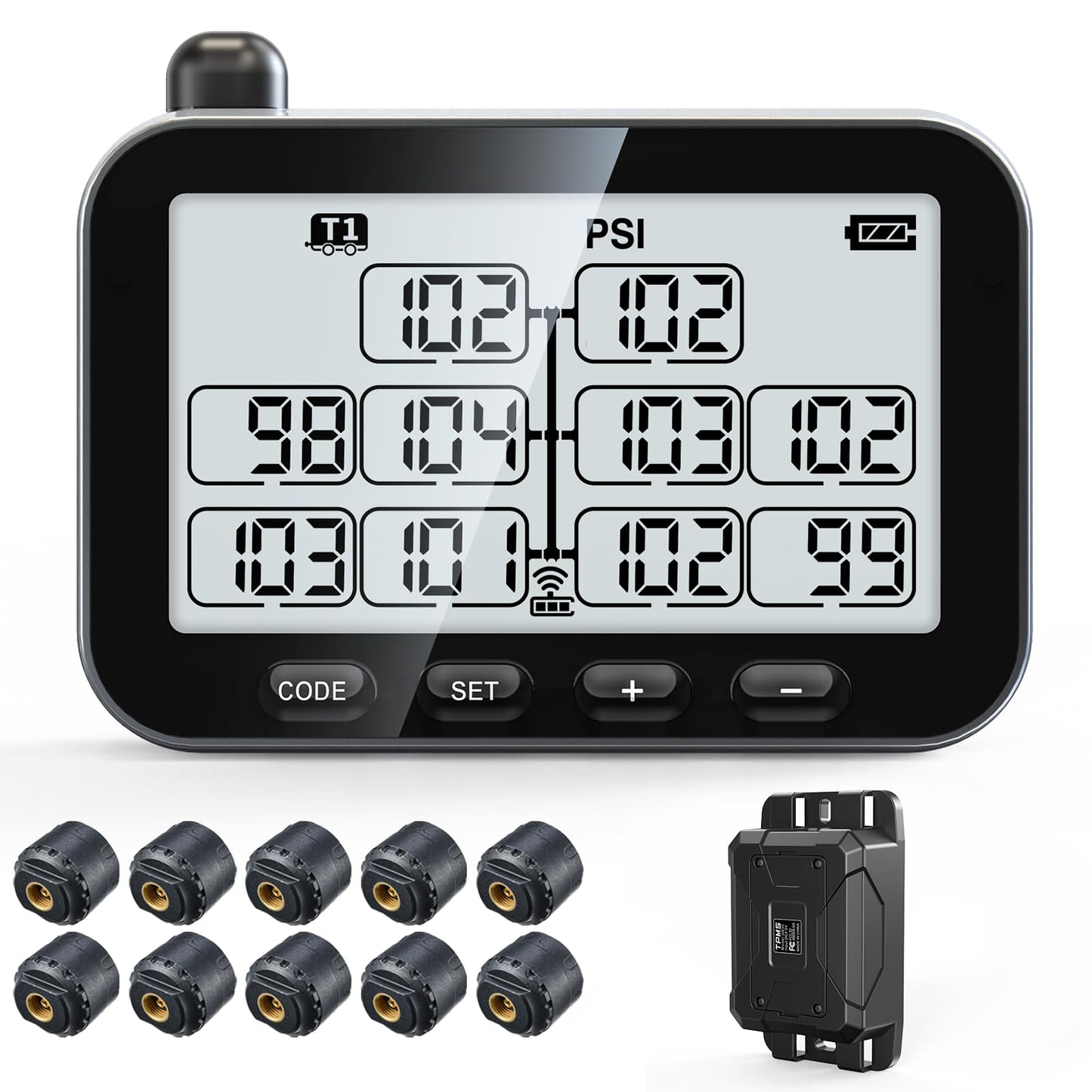 GUTA Trailer Tire Pressure Monitoring System, RV TPMS with 10 Sensors, 6 Alert Modes, Signal Booster, Power Saving Display, Long Sensing Distance, for 3 Trailers (T1/T2/T3), for Camper, Motor Homes
