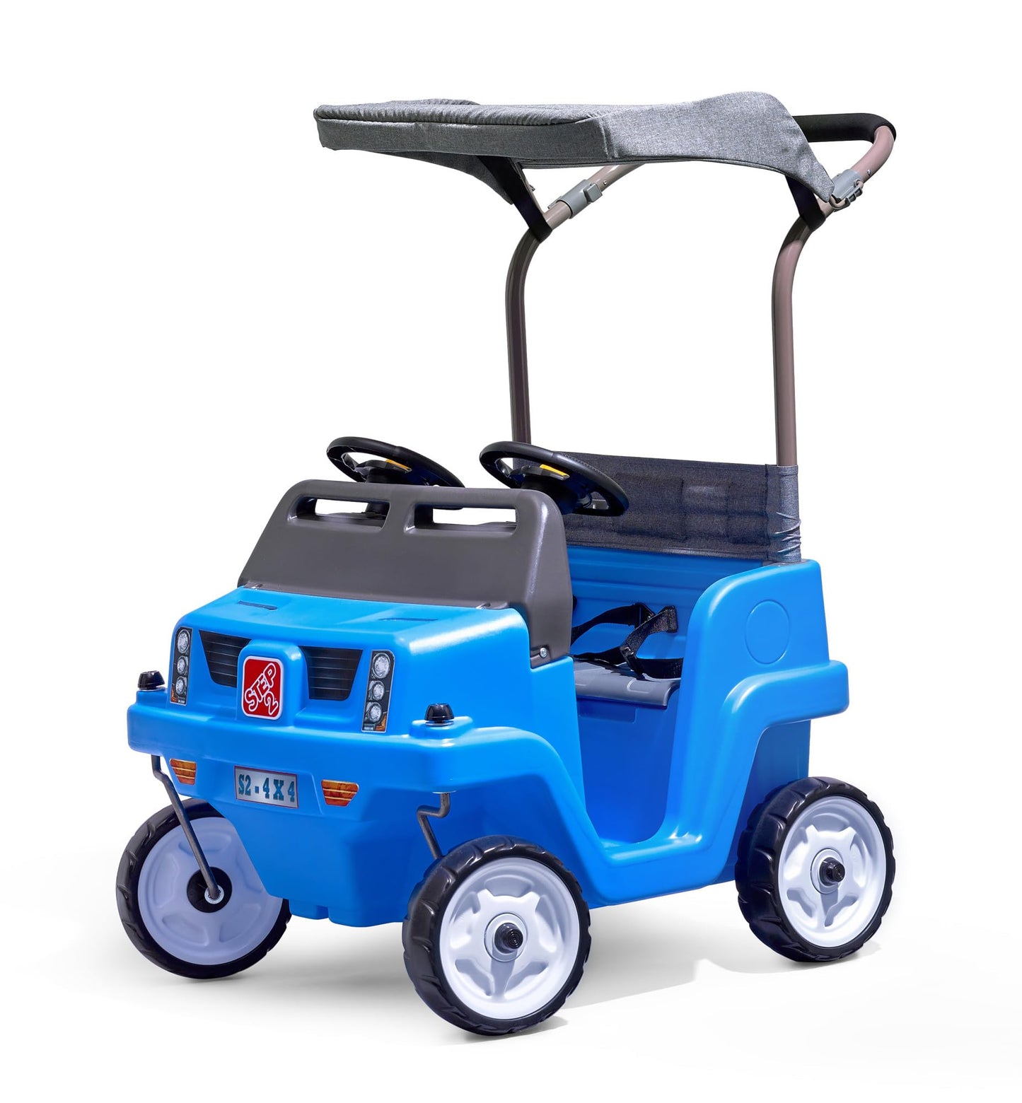 Step2 Side-by-Side Push Around SUV, 2-Seater Kids Push Car with Seat Belts, Dual Steering Wheels & Horns, Adjustable Canopy, Ages 18 months–5 years, Max 100 lbs., Durable Plastic, Blue