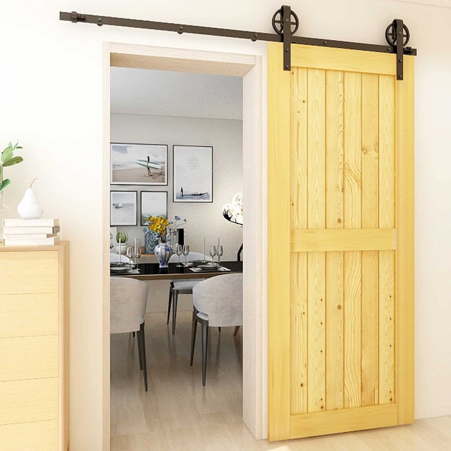 CCJH 20ft Heavy Duty Sturdy Sliding Barn Door Hardware Kit -Smoothly and Quietly -Fit 120 inch Door Panel (Big Spoke Wheel Hanger J Style)
