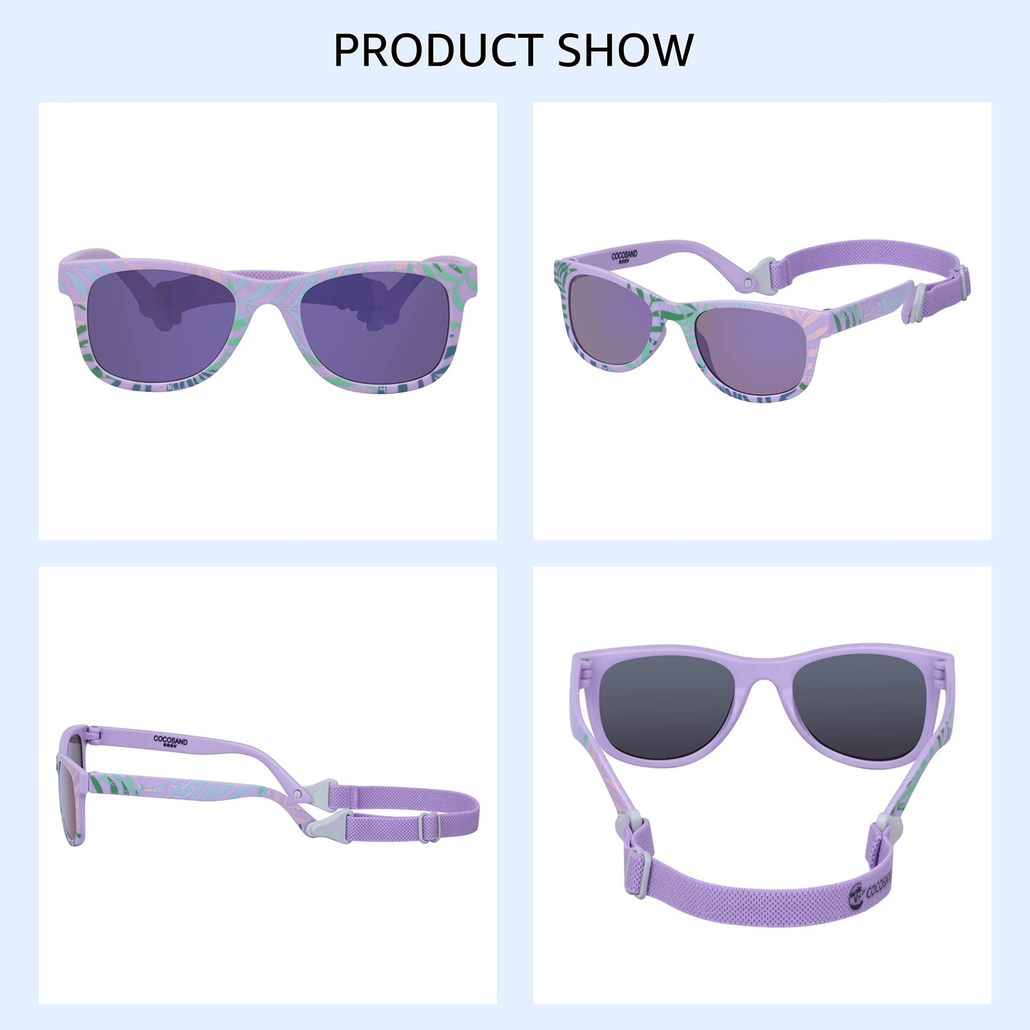 COCOSAND Flexible Polarized Baby Sunglasses with Strap UV Protection for Toddler Infant Newborn Girl Boy Age 0-24 Months, Matte Purple with Leaf Print