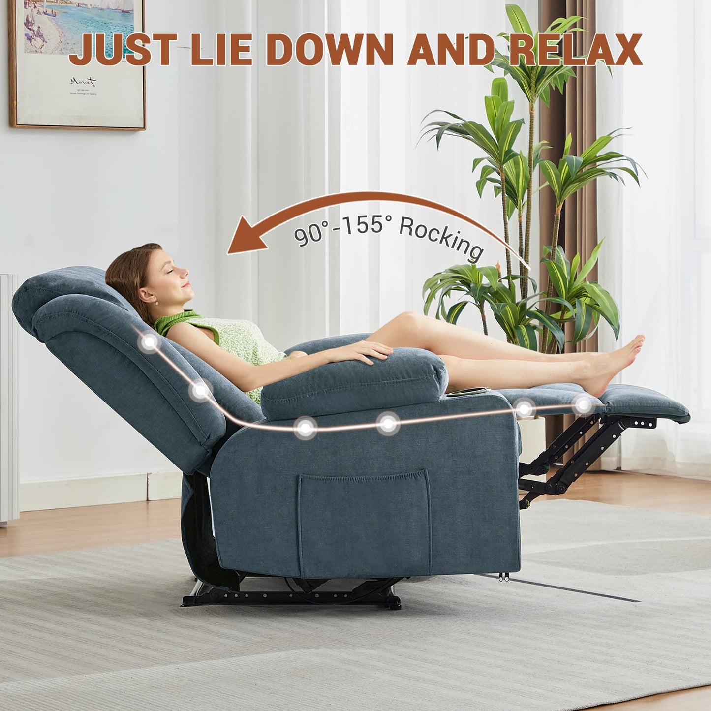 IDEALHOUSE Recliner Chair with Massage and Heat, 37.4" Oversized Recliner with Vibration Massage and Side Pocket, Reclining Chair for Living Room, Bedroom, Blue