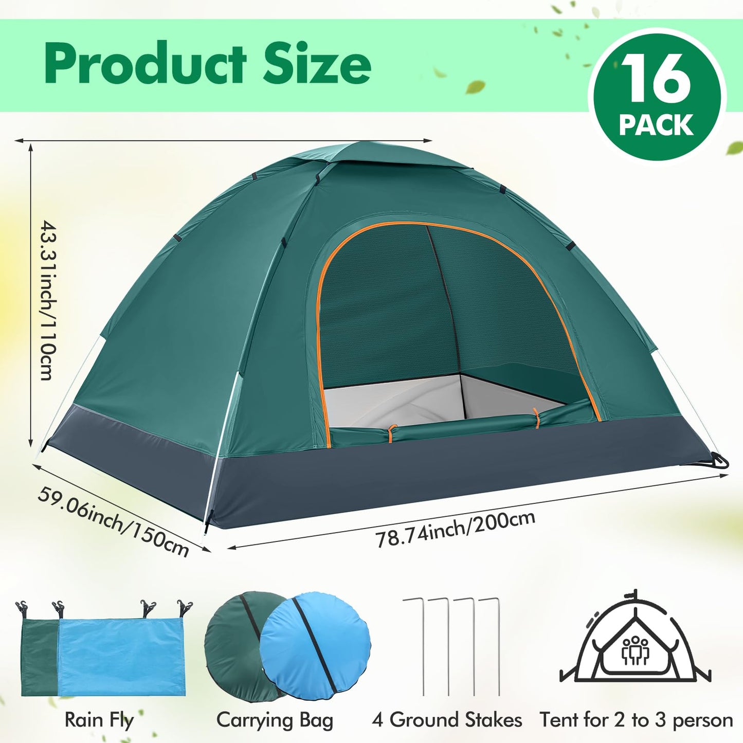 Woanger 16 Pack 10/16 Pack Bulk 2 Person Camping Tents for Homeless Lightweight Tent with Rain Fly and Carrying Bag Waterproof Windproof Setup Pop Up for Camping Backpacking Donation (Blue Green)
