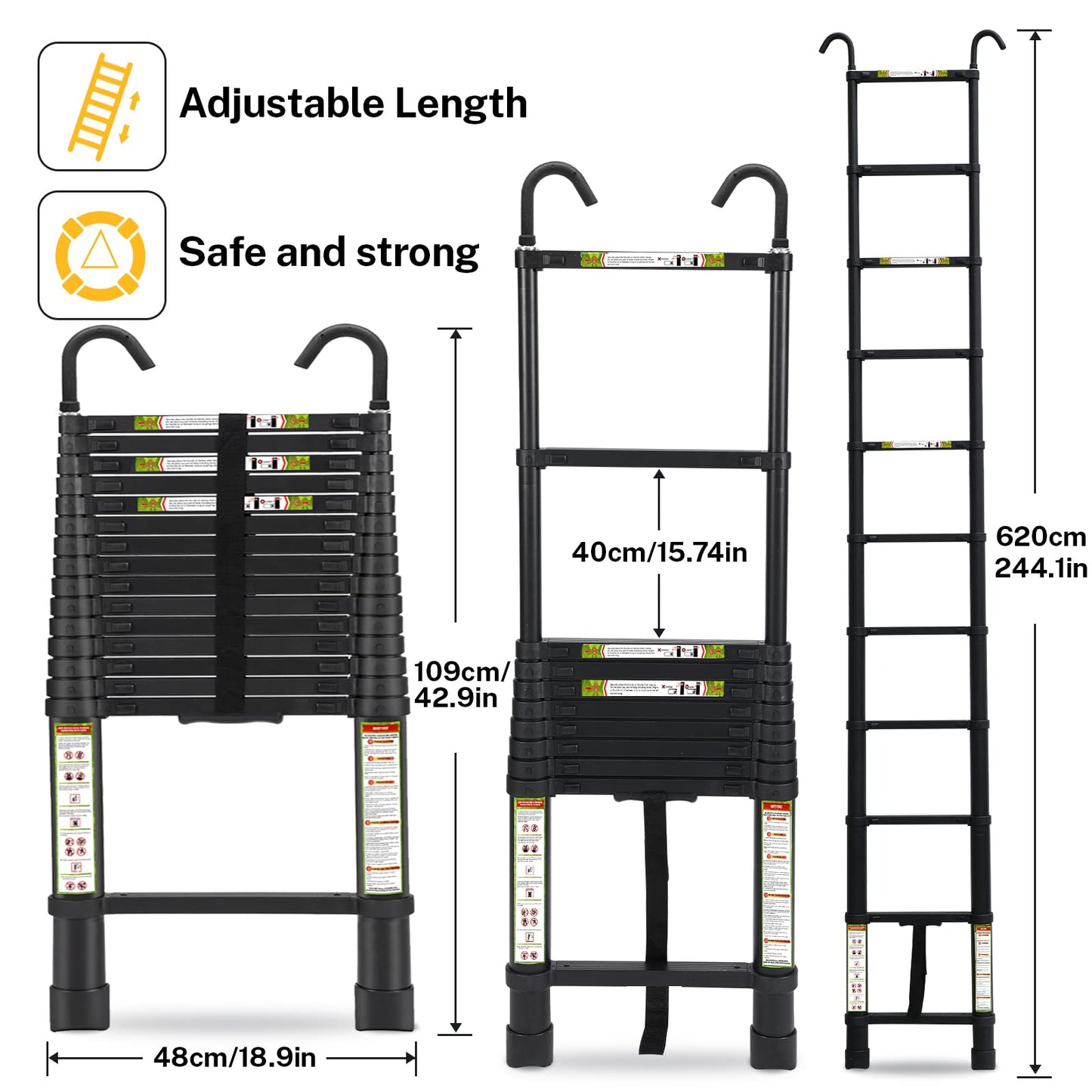 Telescopic Ladder, 20.34FT RIKADE Aluminum Telescoping Ladder with Stable Hook and Non-Slip Feet, Portable Extension Ladder for Household and Outdoor Working 330lb Capacity