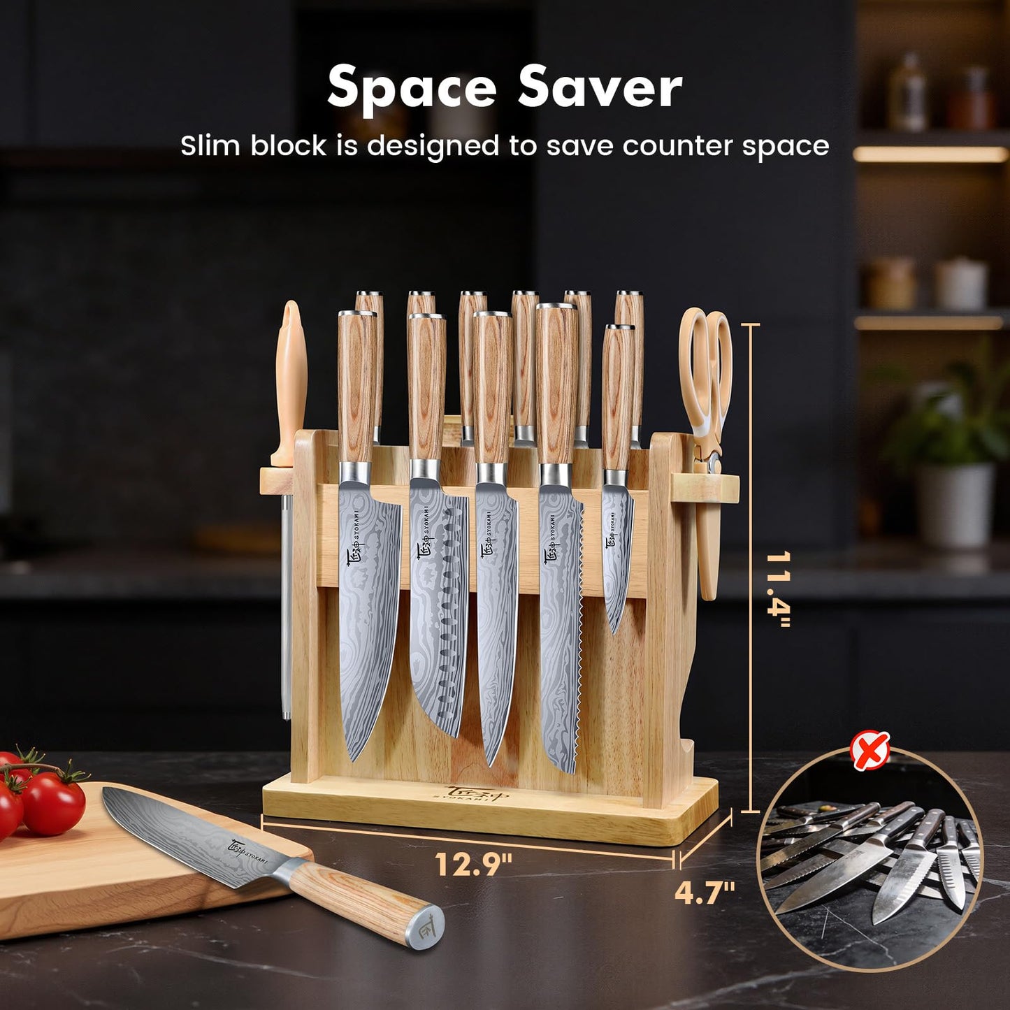 SYOKAMI Japanese Knives Set for Kitchen with Block, 14 PCS Magnetic Knife Set with Holder and Sharpener, Wooden handle, Stainless Steel Knife Set, Ideal as a Gift