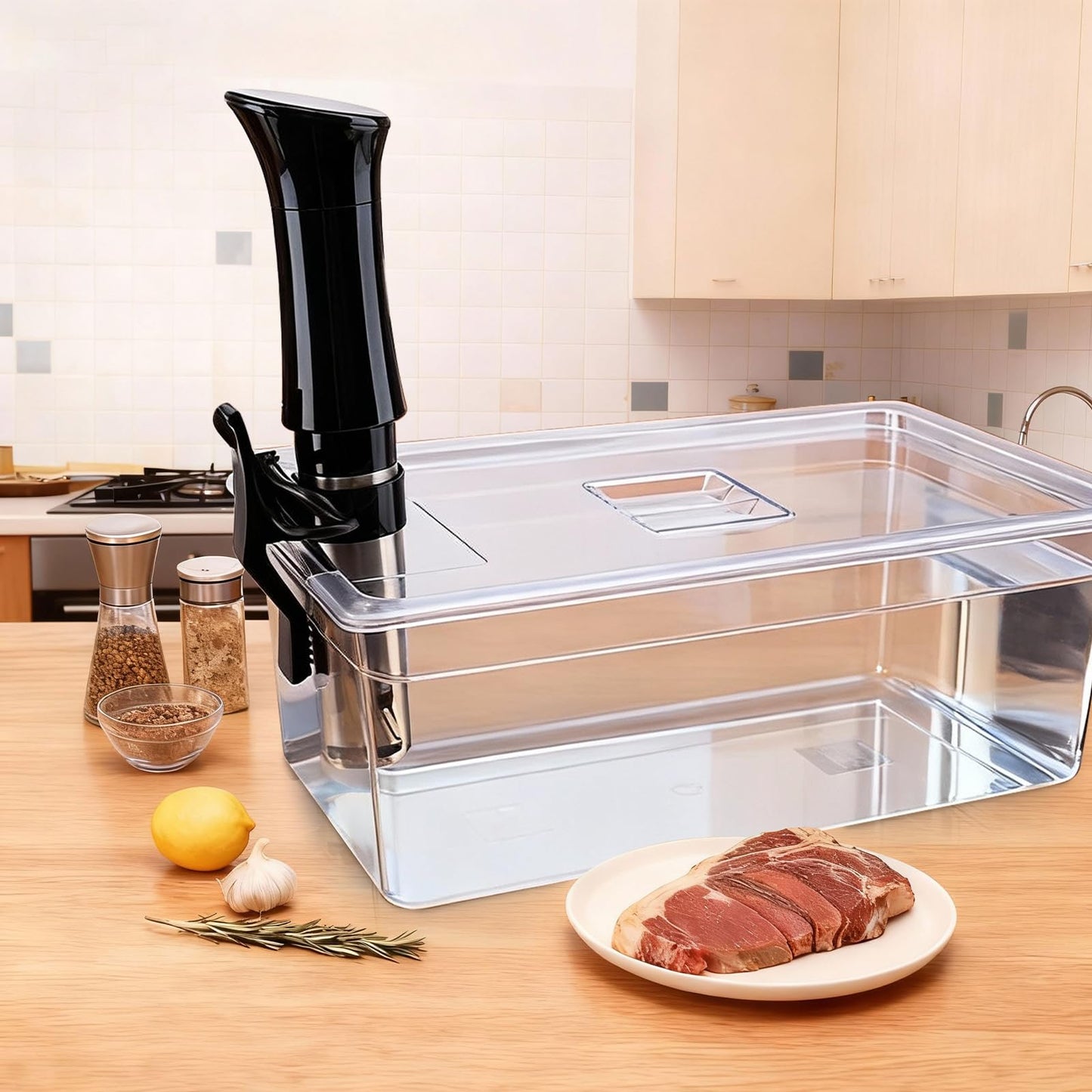 WELKOR Sous Vide Container 26 QT with Lid, Rack & Spoon-Precision Cooking Tub for Anova Nano, Joule, Instant Pot Immersion Circulators - Large Accessories Kit (Square opening)