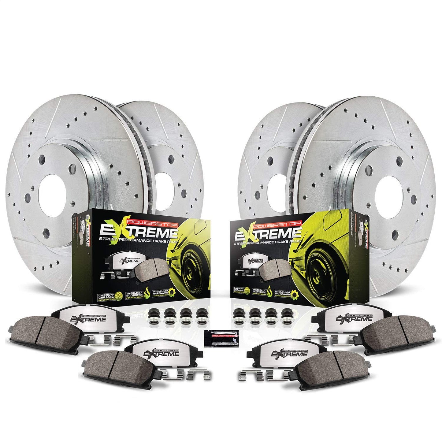PowerStop Front and Rear Brake Kit For Dodge Challenger 2015-20 | Dodge Charger 2015-20 - Carbon Fiber Ceramic Brake Pads + Drilled & Slotted Rotors Upgrade, K8170-26