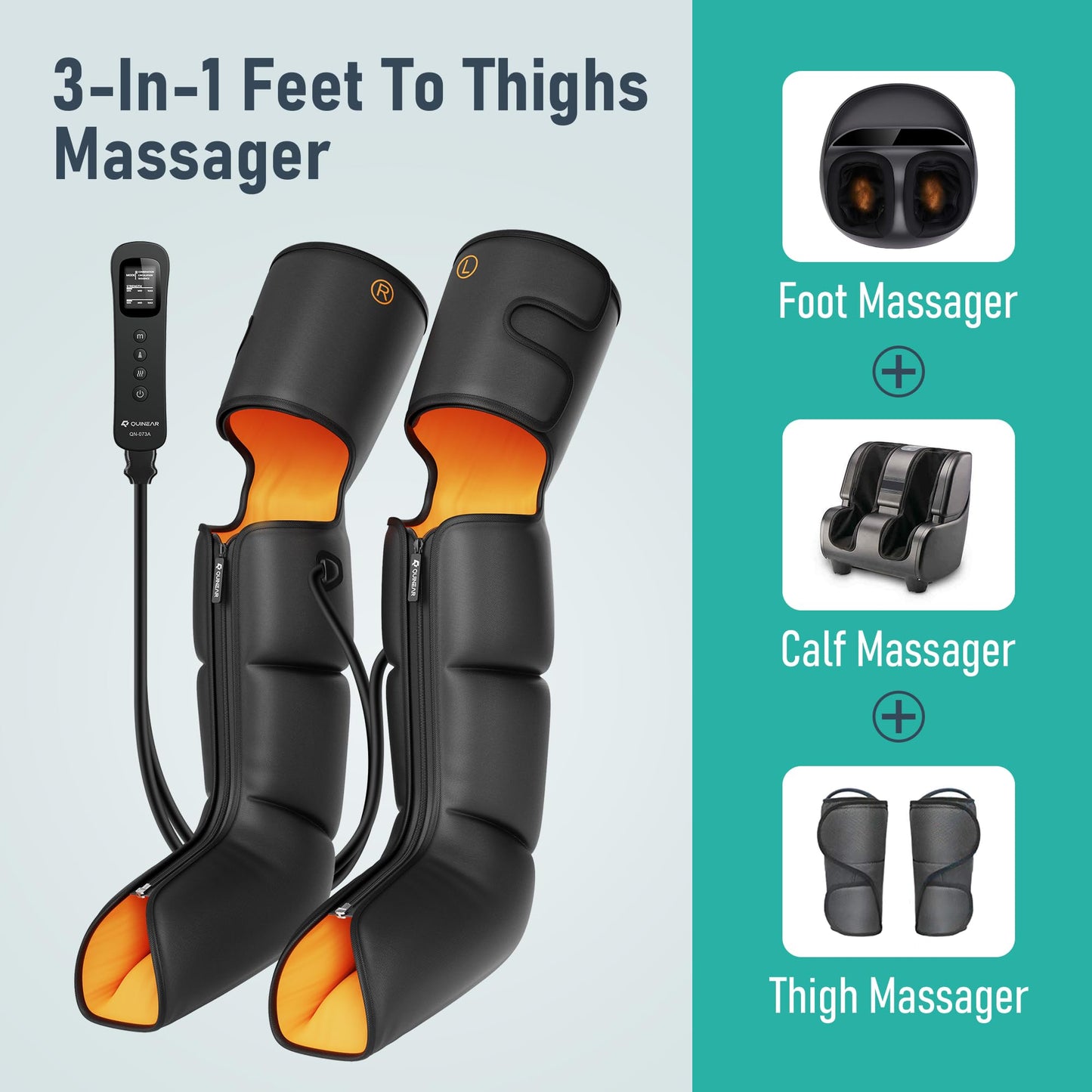 QUINEAR Leg Massager, 3-in-1 Foot Calf & Thigh Massager with Heat and Compression Therapy, Leg Massage Boots Gift for Pain Relief, FSA-HSA Eligible