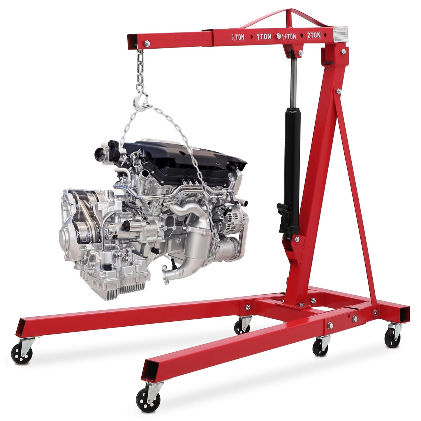 2 Ton Hydraulic Engine Hoist, 4400 LBS Folding Picker Hoist, 6 Casters and Lever Heavy-Duty Hoists for Garage Auto Repair (Red)