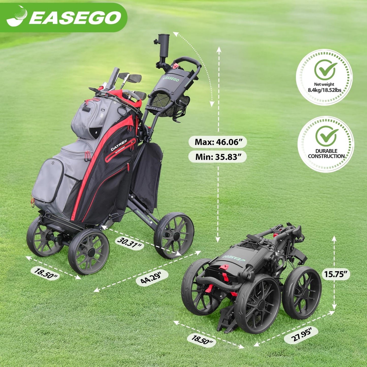 EASEGO Golf Push Cart 4 Wheel : Golf Walking Carts with Phone Holder/Cup Holder/Umbrella Holder/Foot Brake/Cooler Basket 4 Wheel Superlite Golf Pull Cart All-Terrain Golf Caddy Carts(Lime Green)