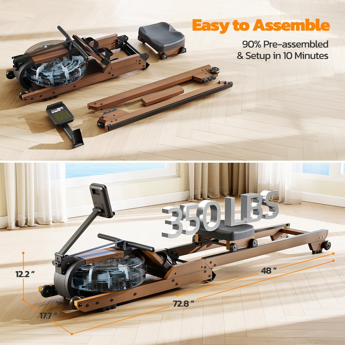 Dripex Rowing Machines for Home Foldable, Water Rowing Machine Max 350 LBS, Water Rower with Smooth Slide Rail, Comfortable Seat, Bluetooth App Supported, LCD Monitor, Wooden Row Machine for Home Gym