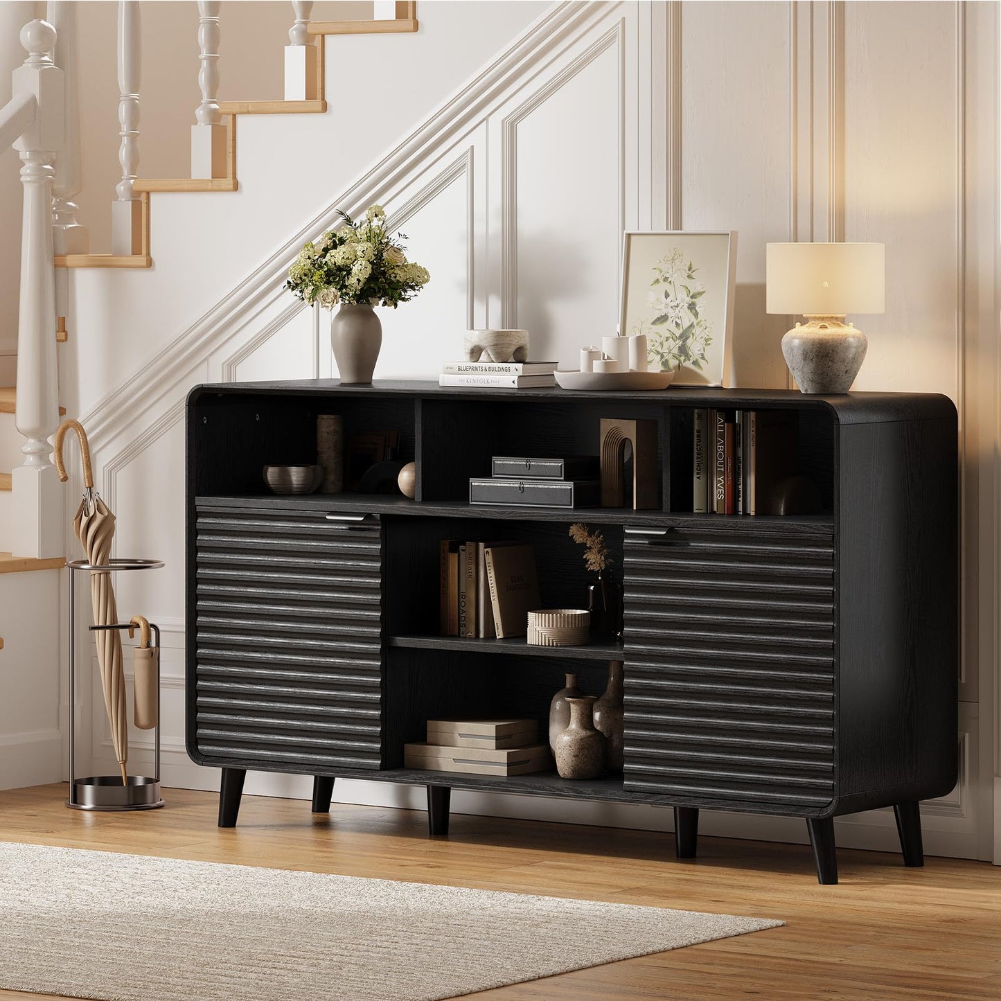 Lefurture 58 Inch Buffet Cabinet with Storage, Curved Buffet Sideboard w/2 Wave Doors, Open Storage Shelf, Adjustable Shelves, Wooden Coffee Bar Cabinet for Kitchen, Living Room, Black